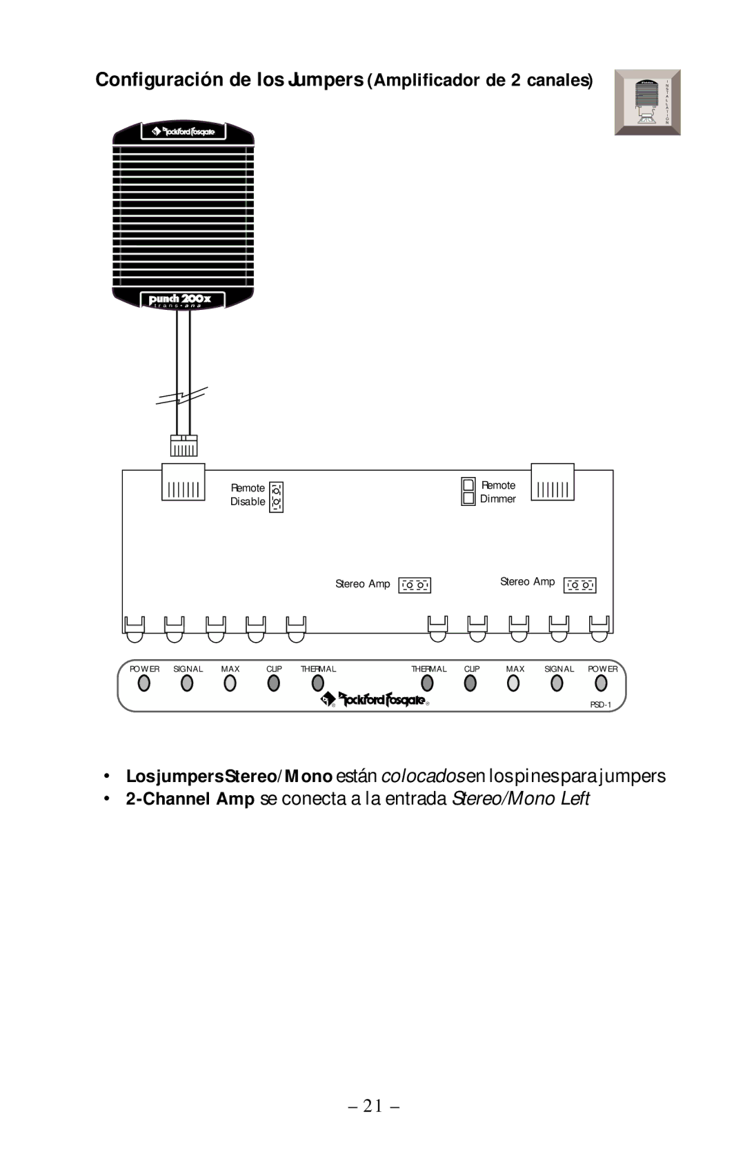 Rockford Fosgate PSD-1 manual Configuración de los Jumpers Amplificador de 2 canales 