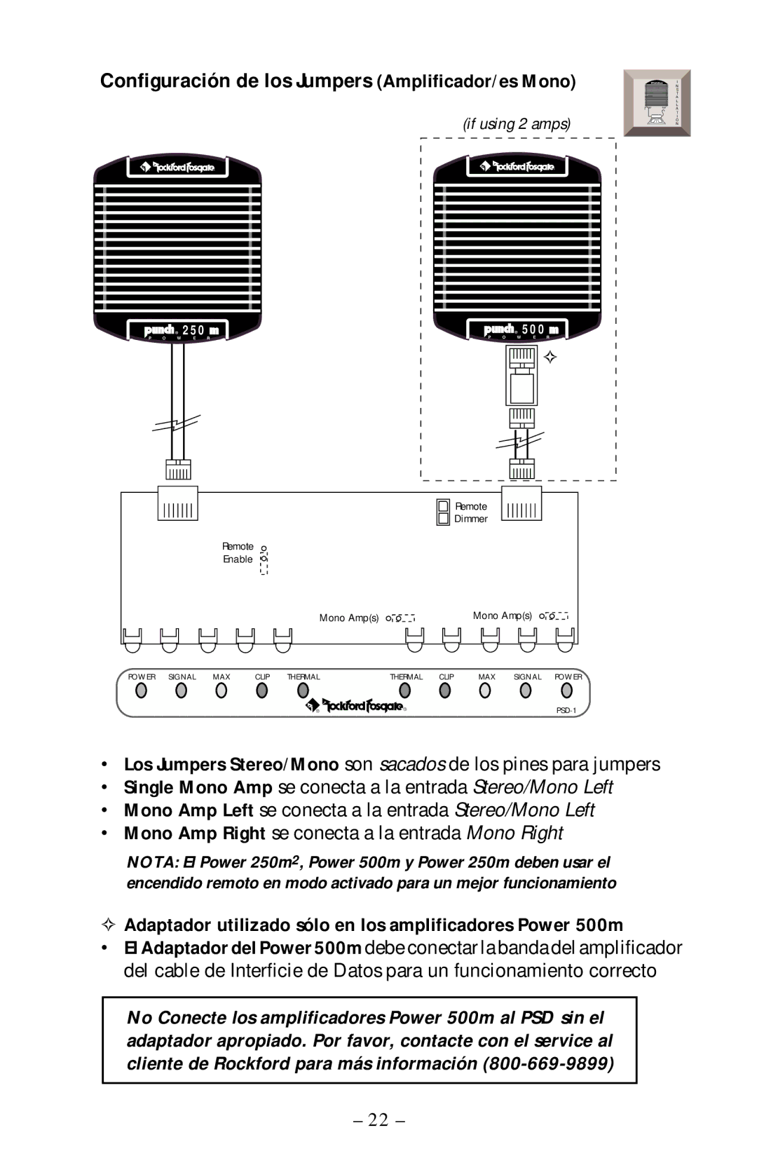 Rockford Fosgate PSD-1 manual Configuración de los Jumpers Amplificador/es Mono 