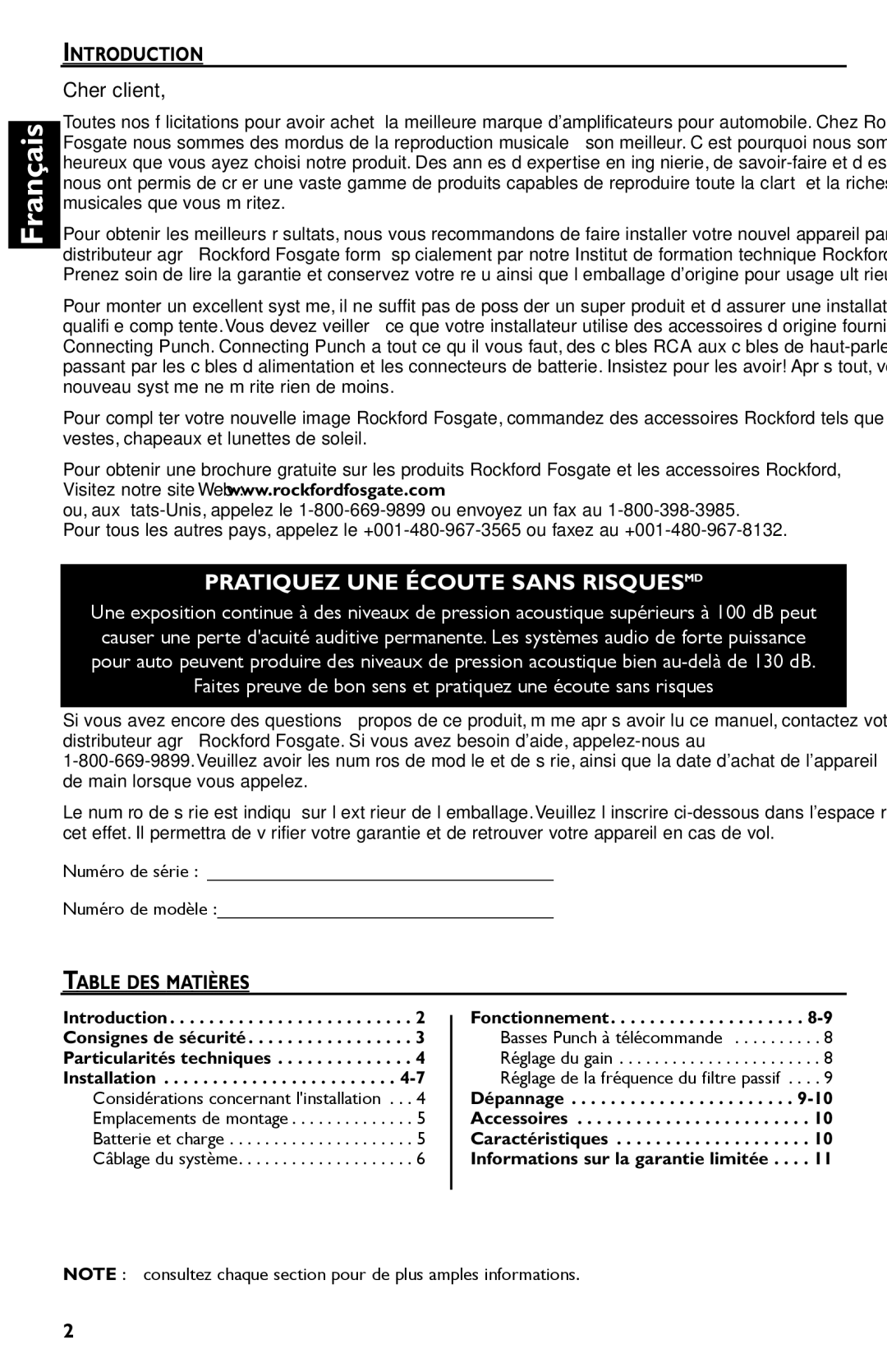 Rockford Fosgate Punch 45 manual Français, Table DES Matières 