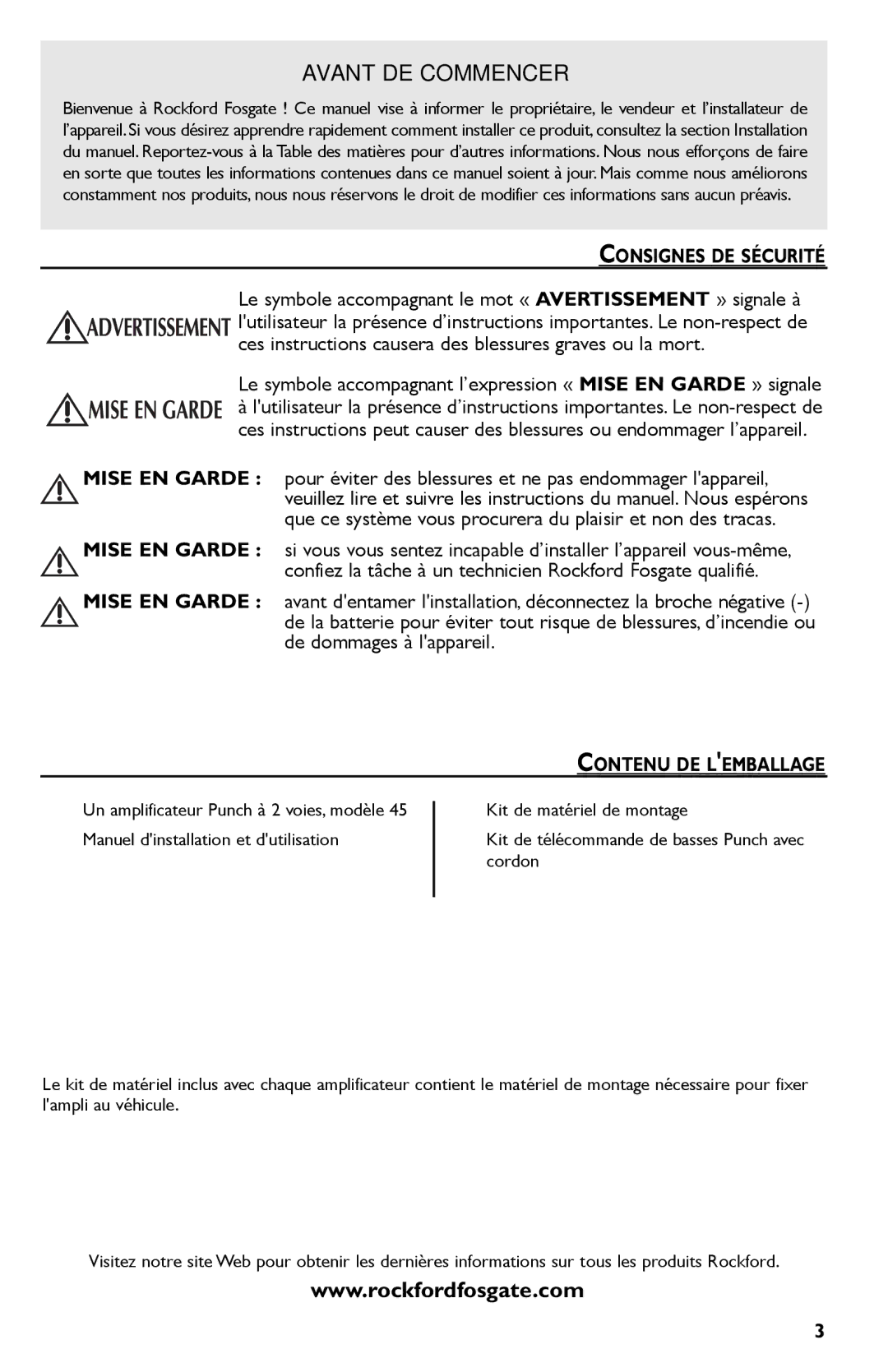 Rockford Fosgate Punch 45 manual Consignes DE Sécurité, Contenu DE Lemballage 