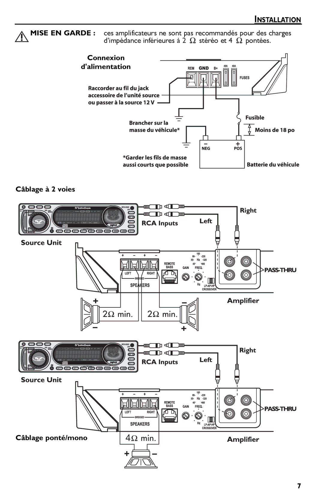 Rockford Fosgate Punch 45 manual Connexion Dalimentation Câblage à 2 voies Câblage ponté/mono 