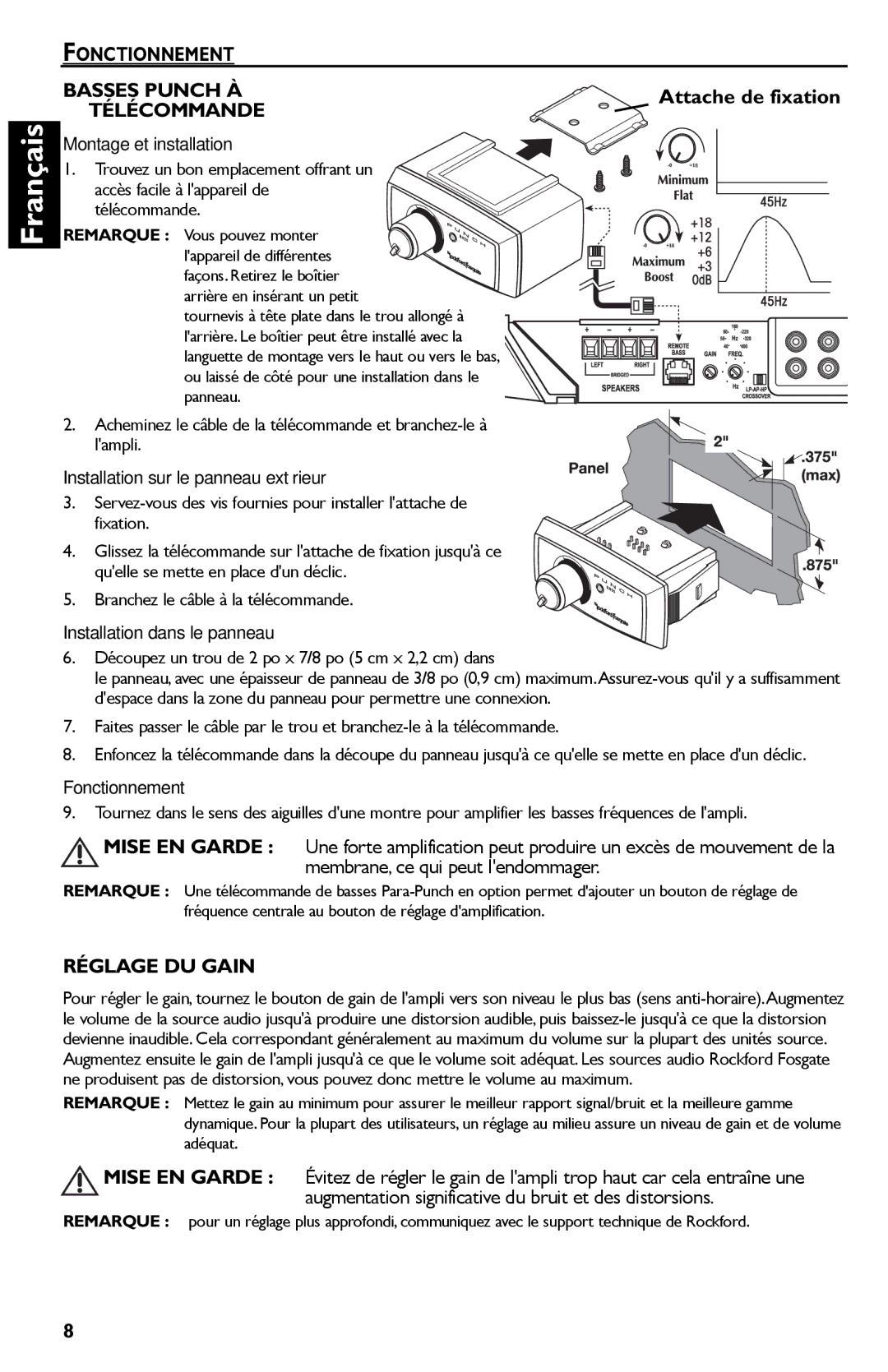 Rockford Fosgate Punch 45 manual Fonctionnement Basses Punch À, Attache de fixation, Télécommande, Réglage DU Gain 