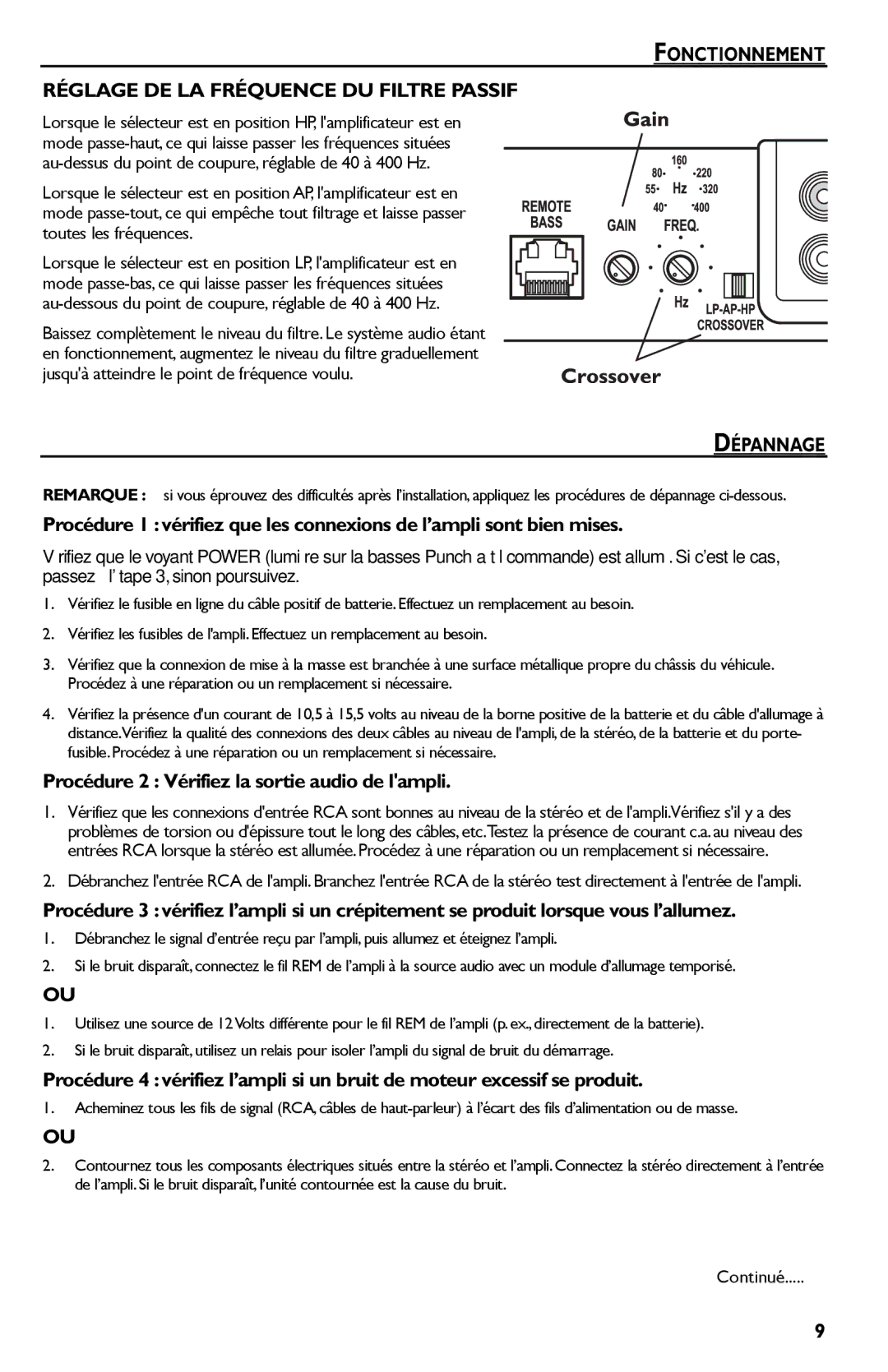 Rockford Fosgate Punch 45 manual Fonctionnement Réglage DE LA Fréquence DU Filtre Passif, Dépannage 