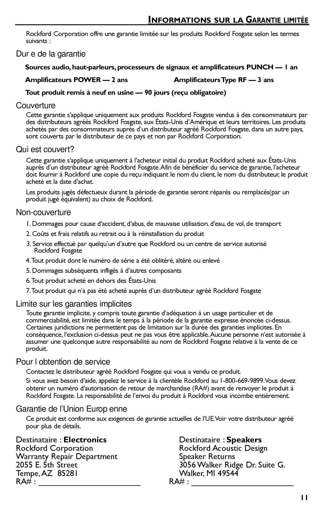 Rockford Fosgate Punch 45 manual Durée de la garantie, Informations SUR LA Garantie Limitée 