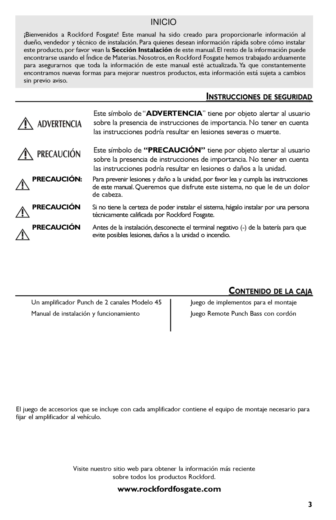 Rockford Fosgate Punch 45 manual Instrucciones DE Seguridad, Contenido DE LA Caja 