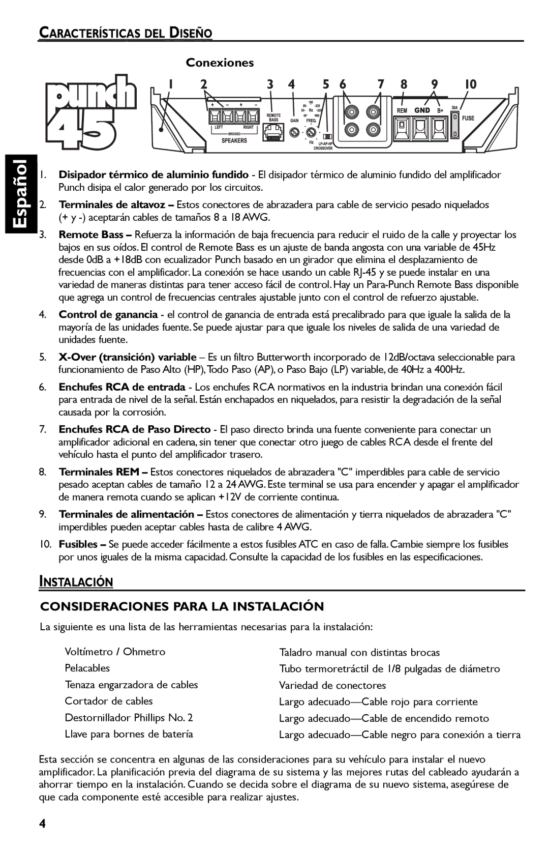 Rockford Fosgate Punch 45 manual Características DEL Diseño, Conexiones, Instalación Consideraciones Para LA Instalación 