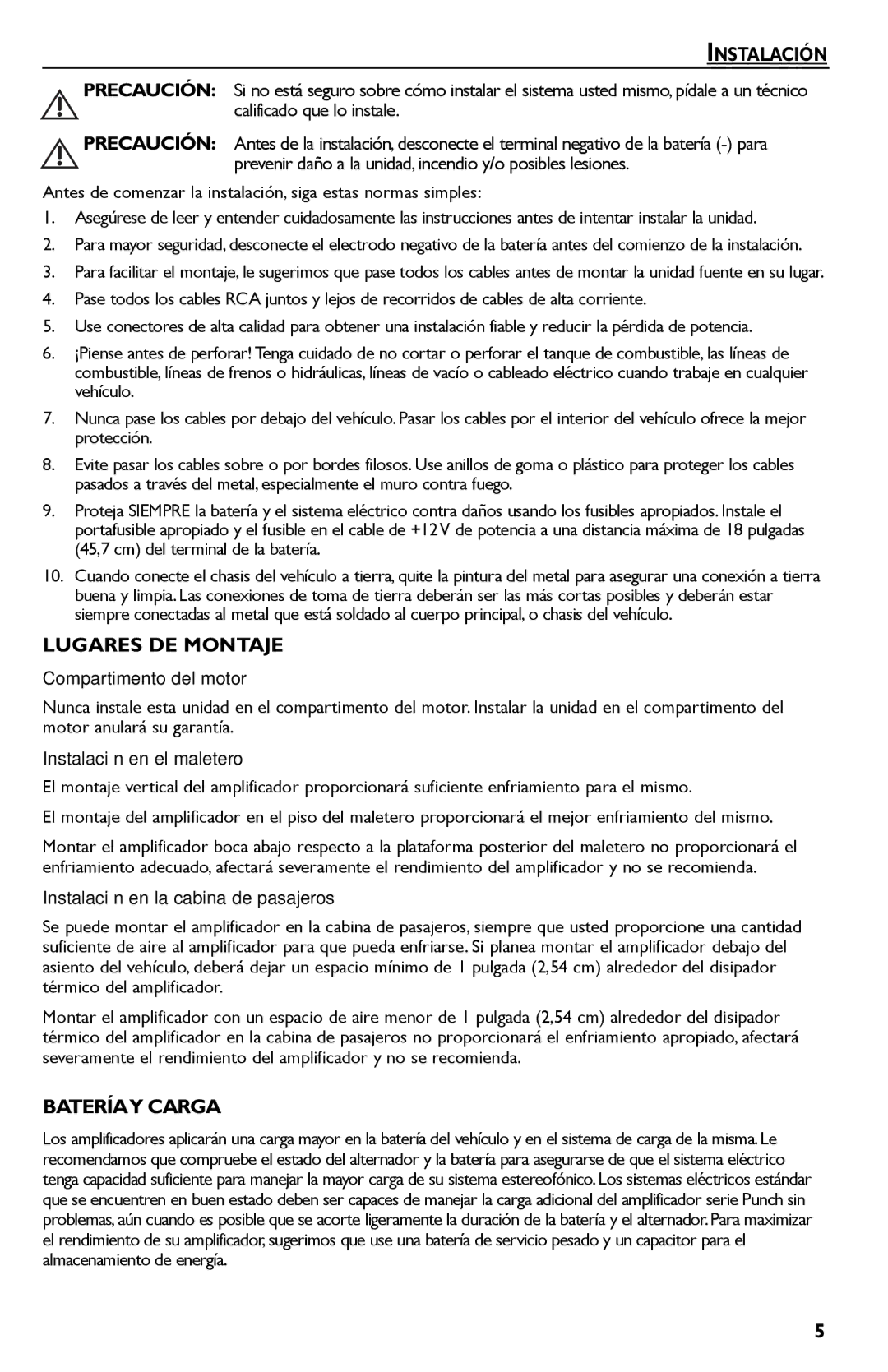 Rockford Fosgate Punch 45 manual Instalación, Lugares DE Montaje, Bateríay Carga 