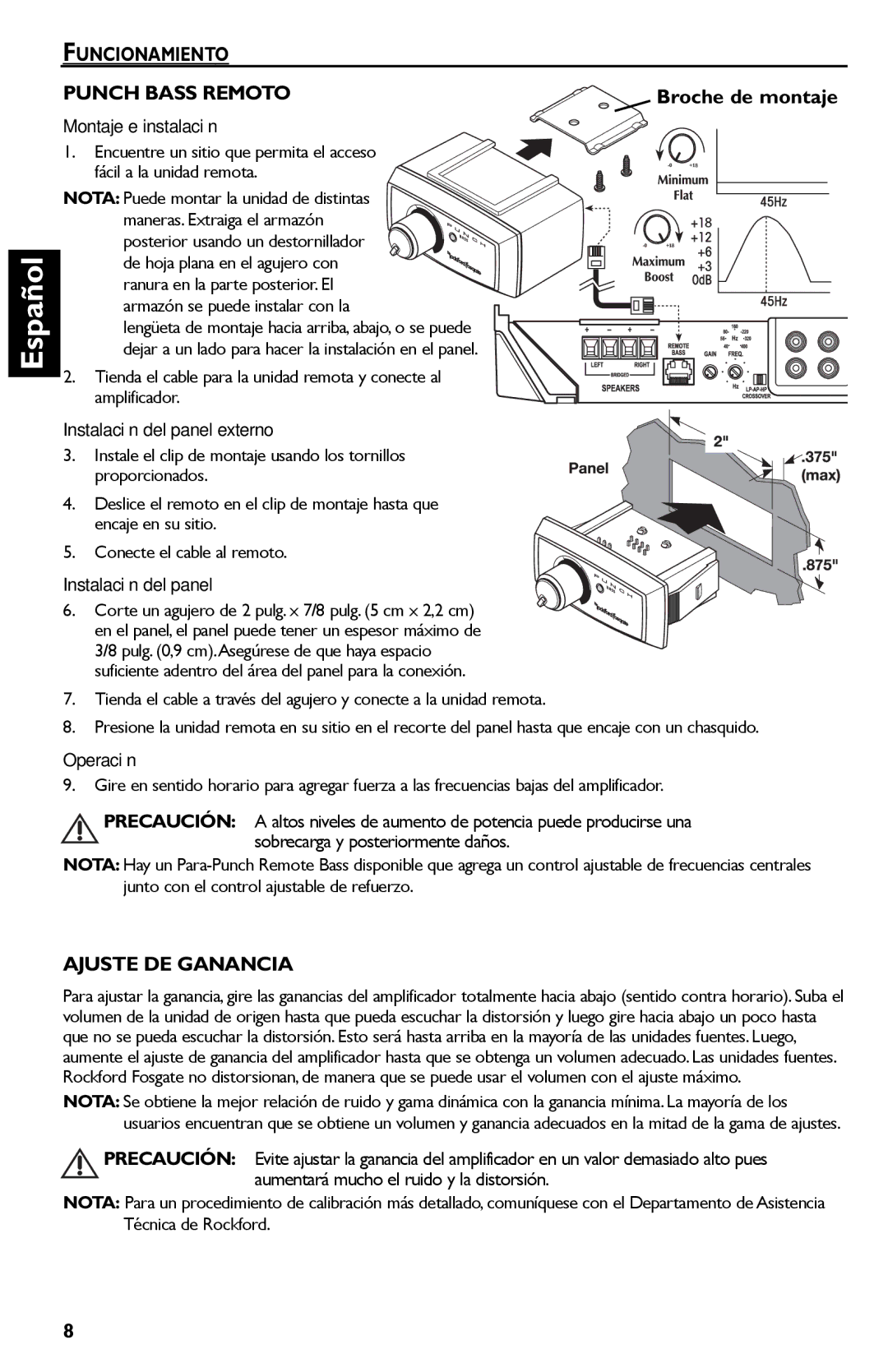 Rockford Fosgate Punch 45 manual Funcionamiento Punch Bass Remoto, Broche de montaje, Ajuste DE Ganancia 