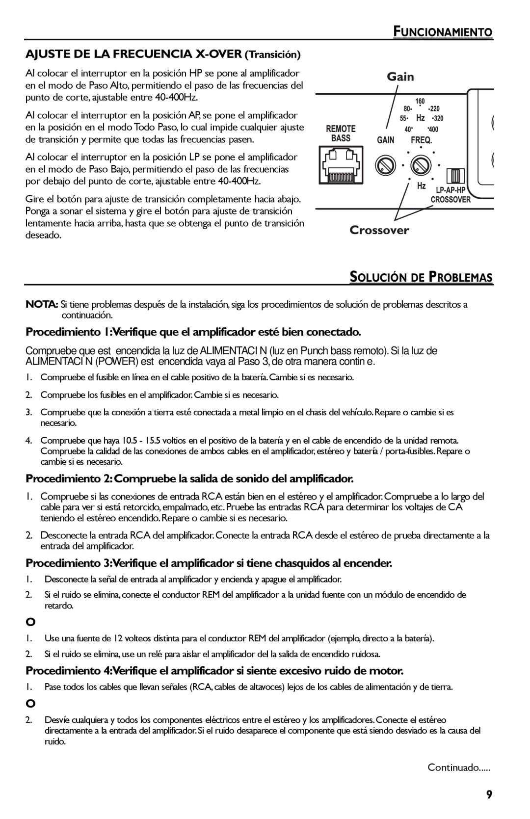 Rockford Fosgate Punch 45 manual Funcionamiento, Ajuste DE LA Frecuencia X-OVER Transición, Solución DE Problemas 