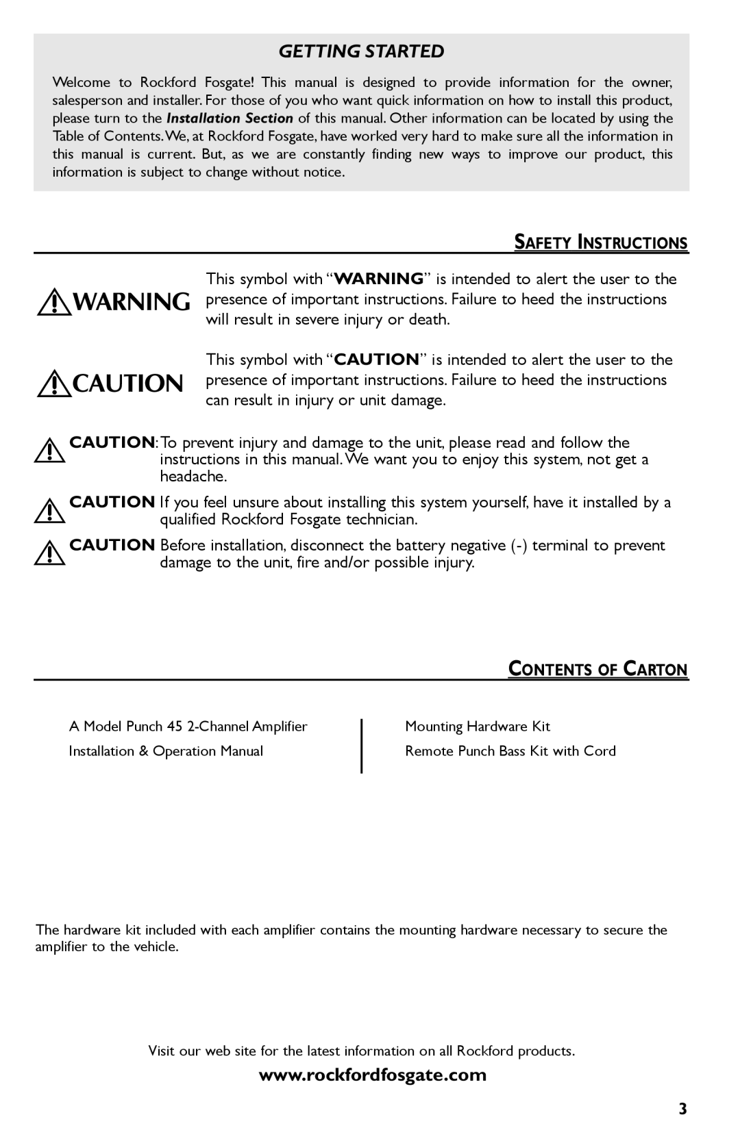 Rockford Fosgate Punch 45 manual Safety Instructions, Contents of Carton 