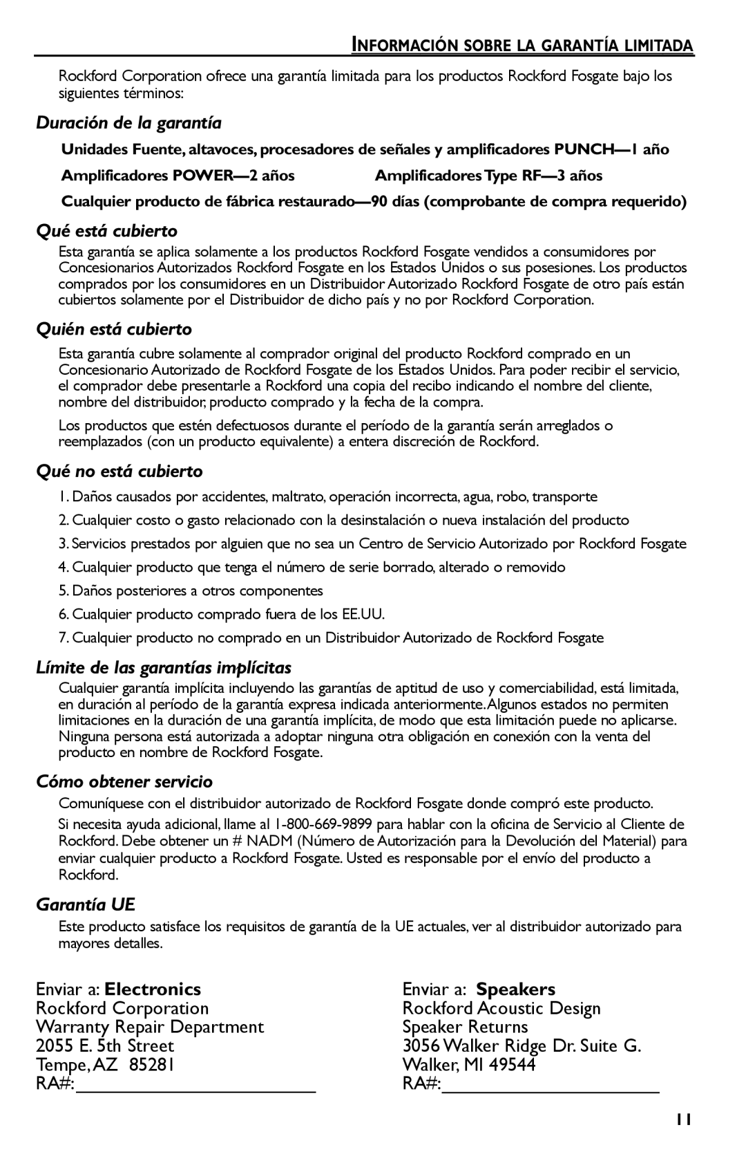 Rockford Fosgate Punch 45 manual Duración de la garantía, Información Sobre LA Garantía Limitada 