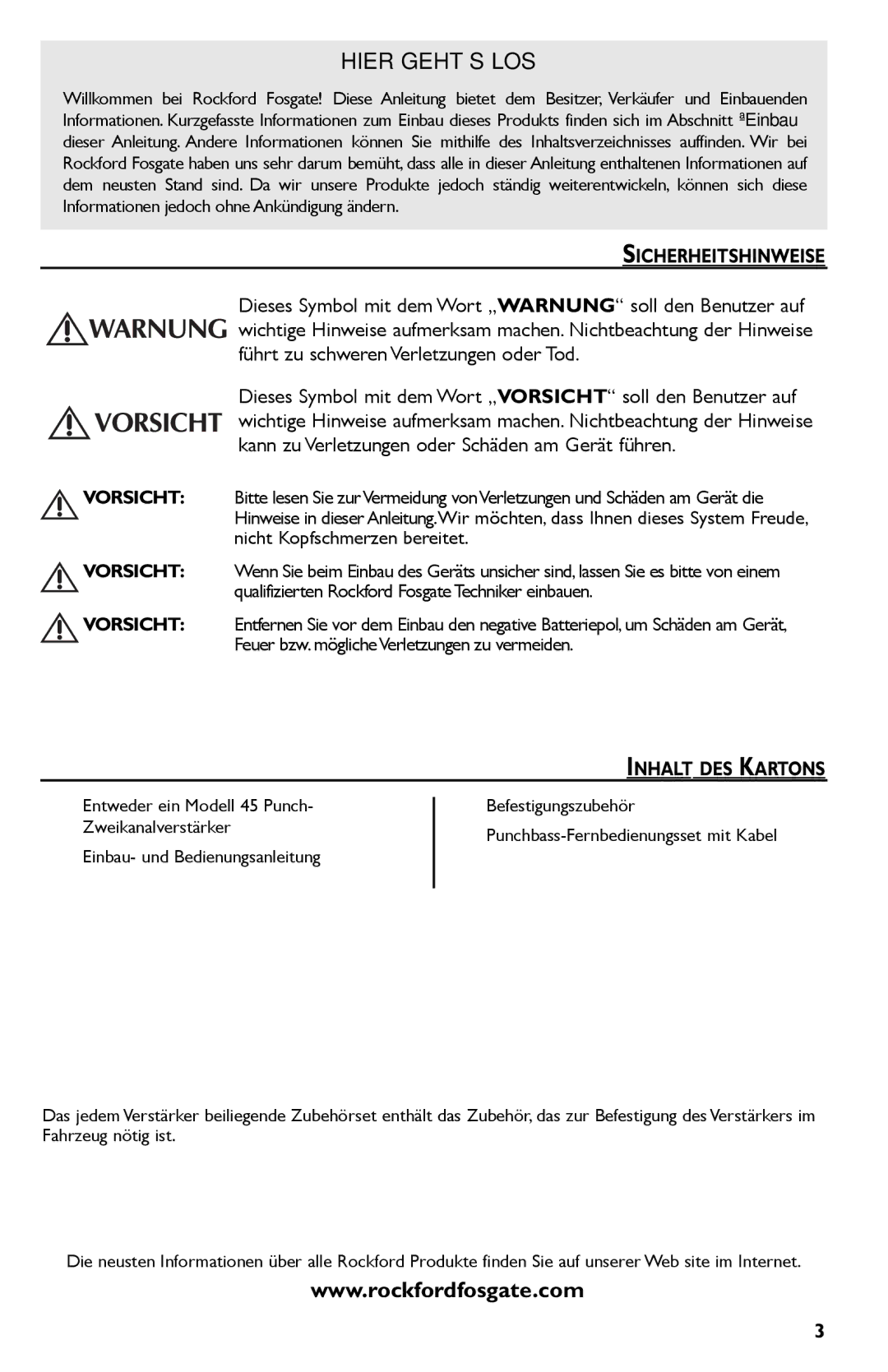 Rockford Fosgate Punch 45 manual Sicherheitshinweise, Inhalt DES Kartons 