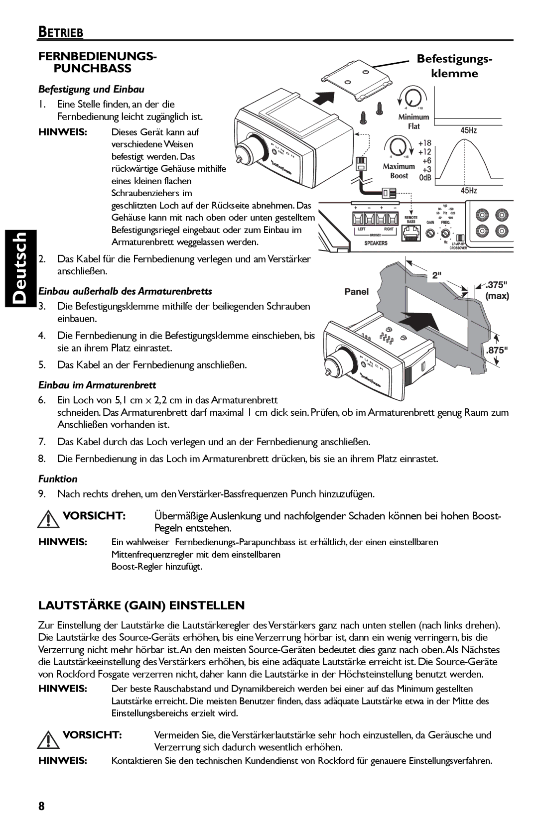 Rockford Fosgate Punch 45 manual Betrieb Fernbedienungs, Punchbass, Klemme, Lautstärke Gain Einstellen 