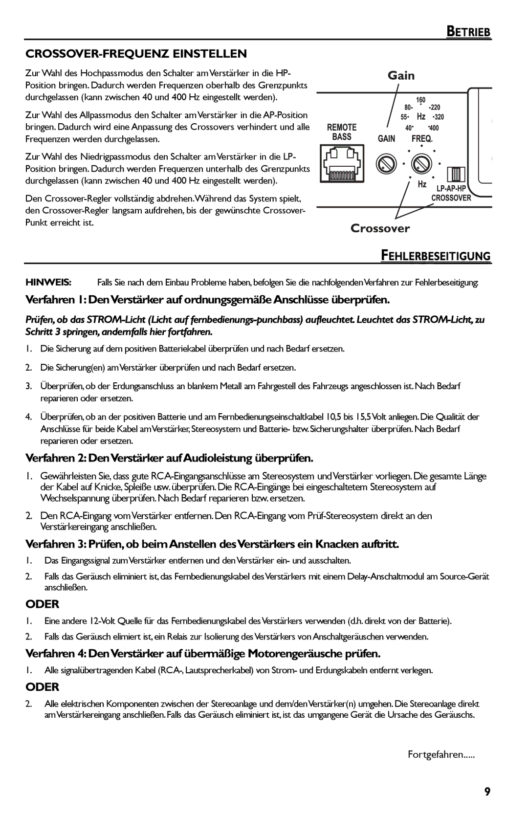 Rockford Fosgate Punch 45 manual Betrieb CROSSOVER-FREQUENZ Einstellen, Fehlerbeseitigung, Oder 