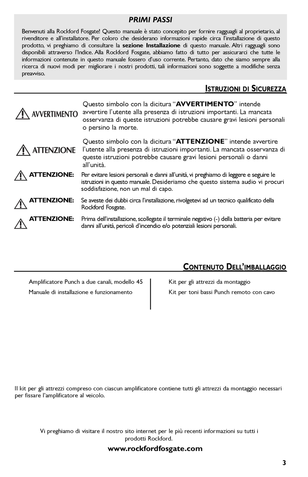 Rockford Fosgate Punch 45 manual Istruzioni DI Sicurezza, Contenuto DELL’IMBALLAGGIO 