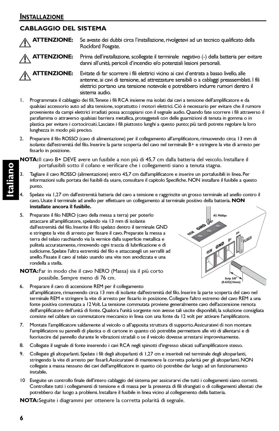 Rockford Fosgate Punch 45 Installazione Cablaggio DEL Sistema, Preparare il cavo di accensione REM per il collegamento 