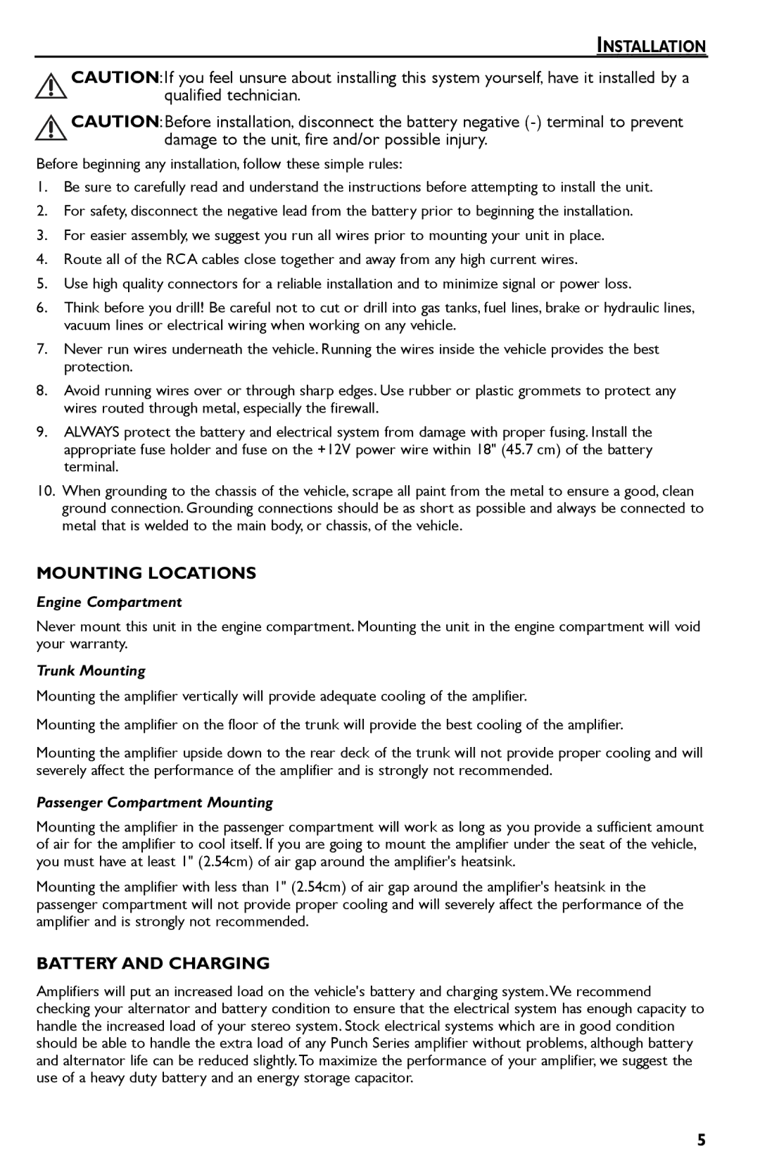 Rockford Fosgate Punch 45 manual Installation, Mounting Locations, Battery and Charging 