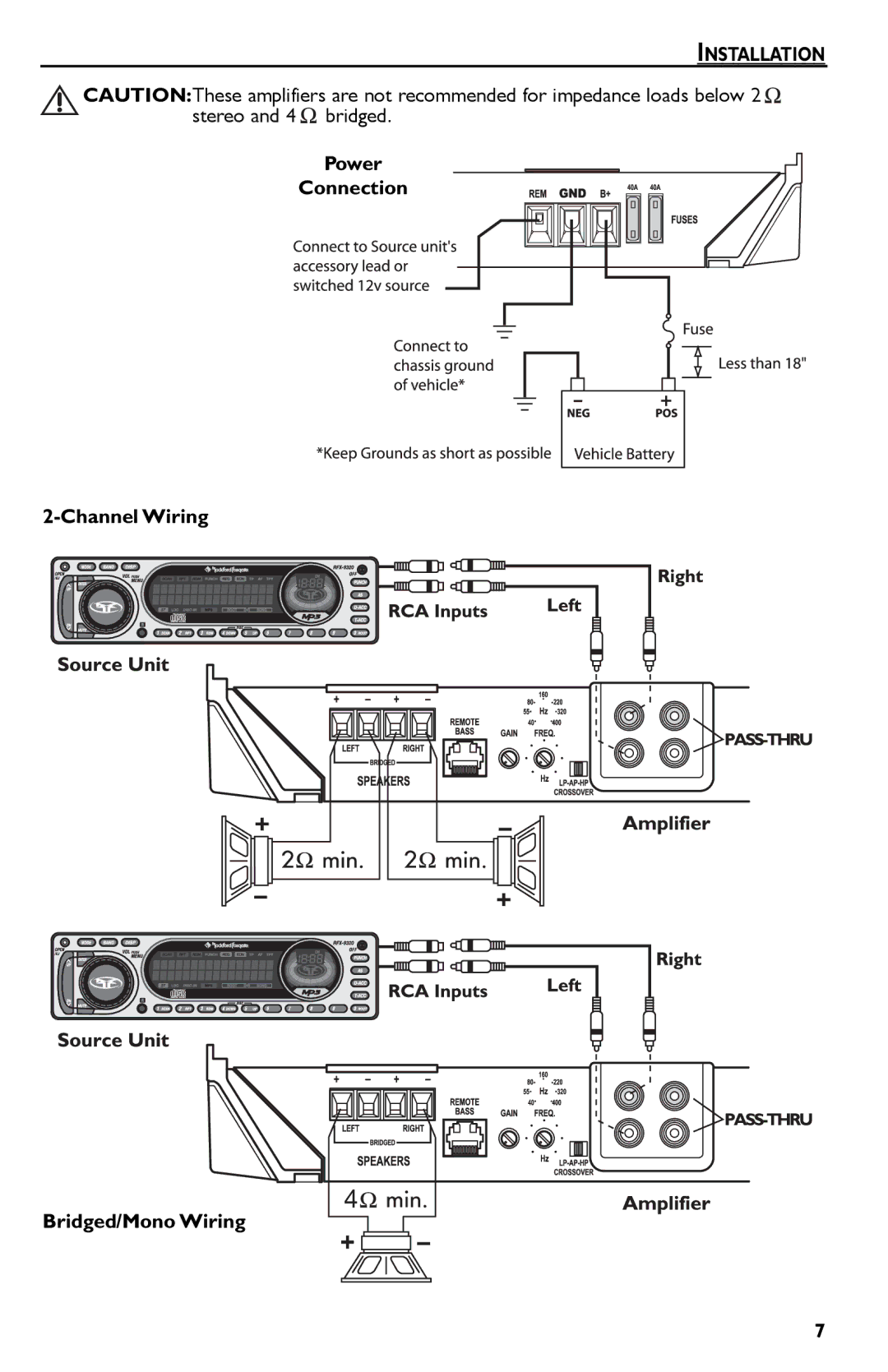 Rockford Fosgate Punch 45 manual Power Connection Channel Wiring Bridged/Mono Wiring 