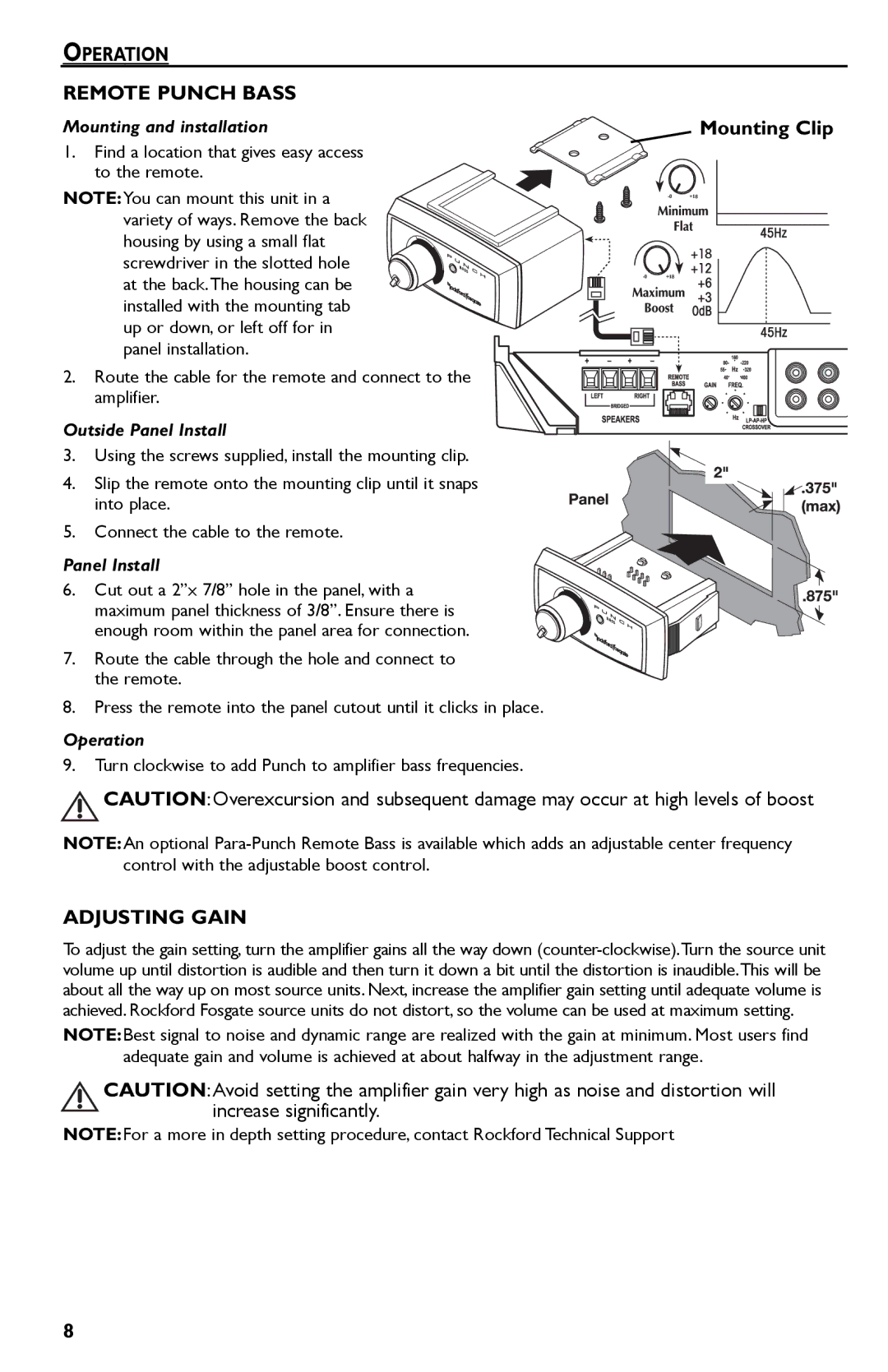 Rockford Fosgate Punch 45 manual Operation Remote Punch Bass, Adjusting Gain 