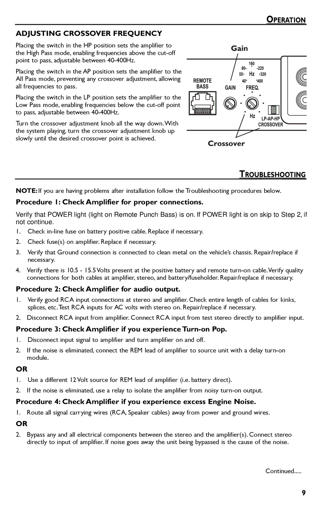 Rockford Fosgate Punch 45 manual Operation Adjusting Crossover Frequency, Troubleshooting 