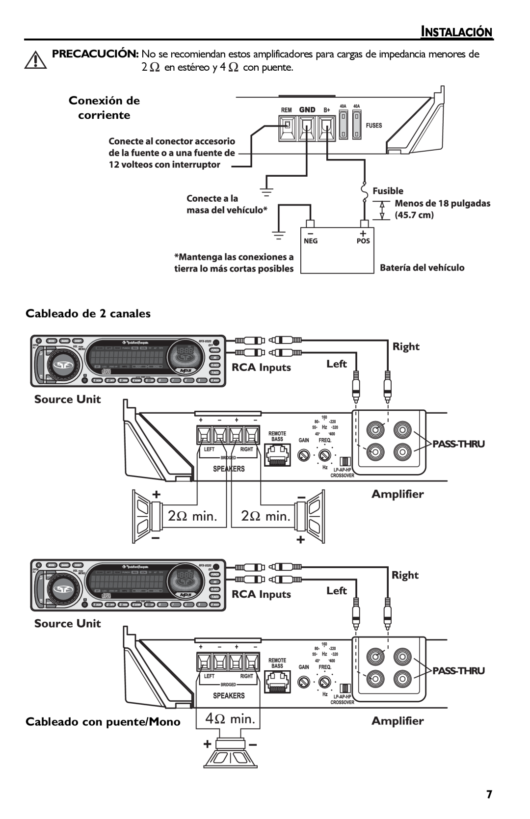 Rockford Fosgate Punch 45 manual Instalación, Conexión de corriente Cableado de 2 canales, Cableado con puente/Mono 