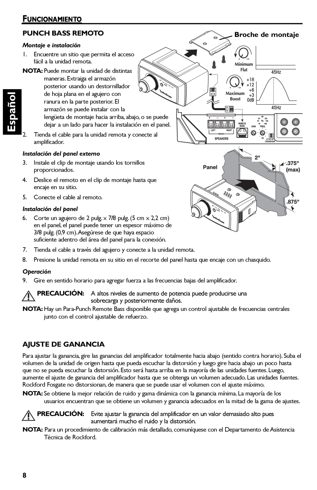 Rockford Fosgate Punch 45 manual Español, Montaje e instalación, Instalación del panel externo, Operación 