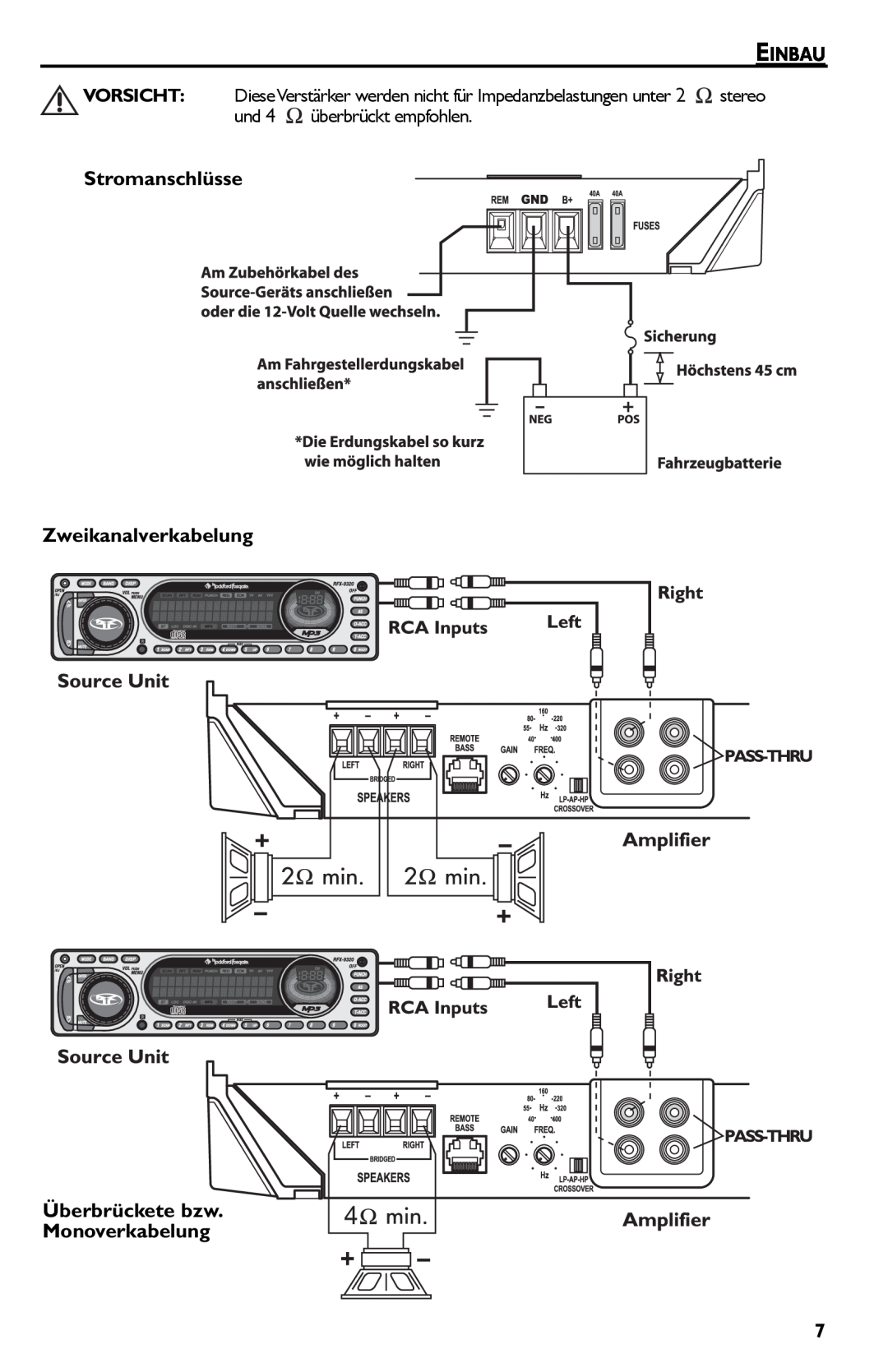 Rockford Fosgate Punch 45 manual Einbau, Stromanschlüsse Zweikanalverkabelung, Überbrückete bzw. Monoverkabelung 