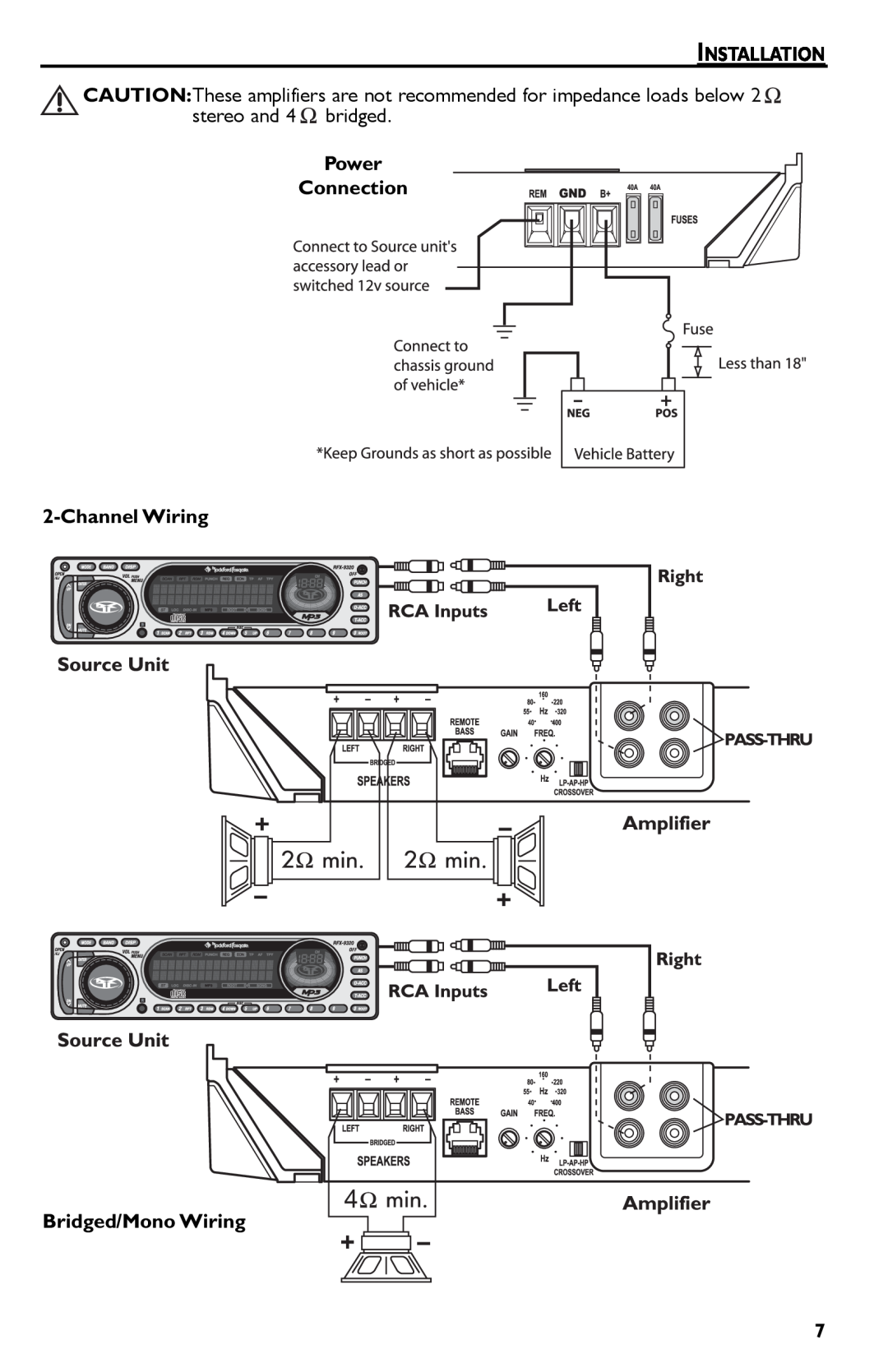 Rockford Fosgate Punch 45 manual Installation, Power Connection 2-ChannelWiring, Bridged/Mono Wiring 
