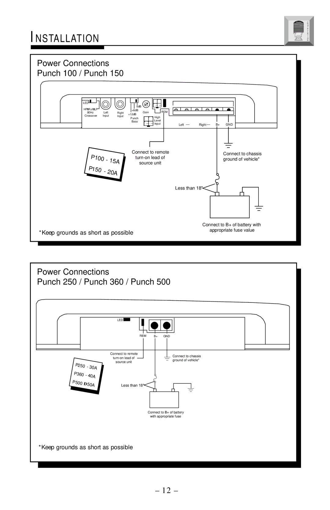 Rockford Fosgate PUNCH150, PUNCH500 manual Installation, Power Connections Punch 100 / Punch, Punch 250 / Punch 360 / Punch 