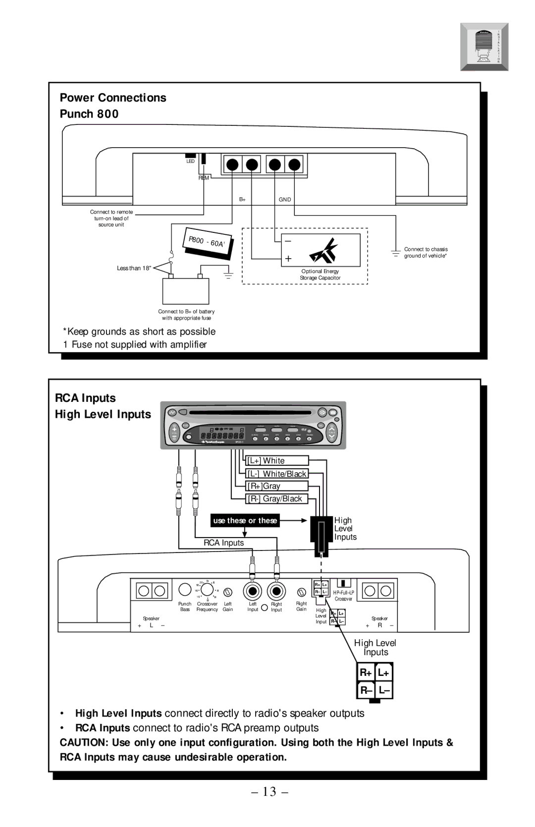 Rockford Fosgate PUNCH500, PUNCH250, PUNCH800, PUNCH360, PUNCH100 manual Power Connections Punch, RCA Inputs High Level Inputs 