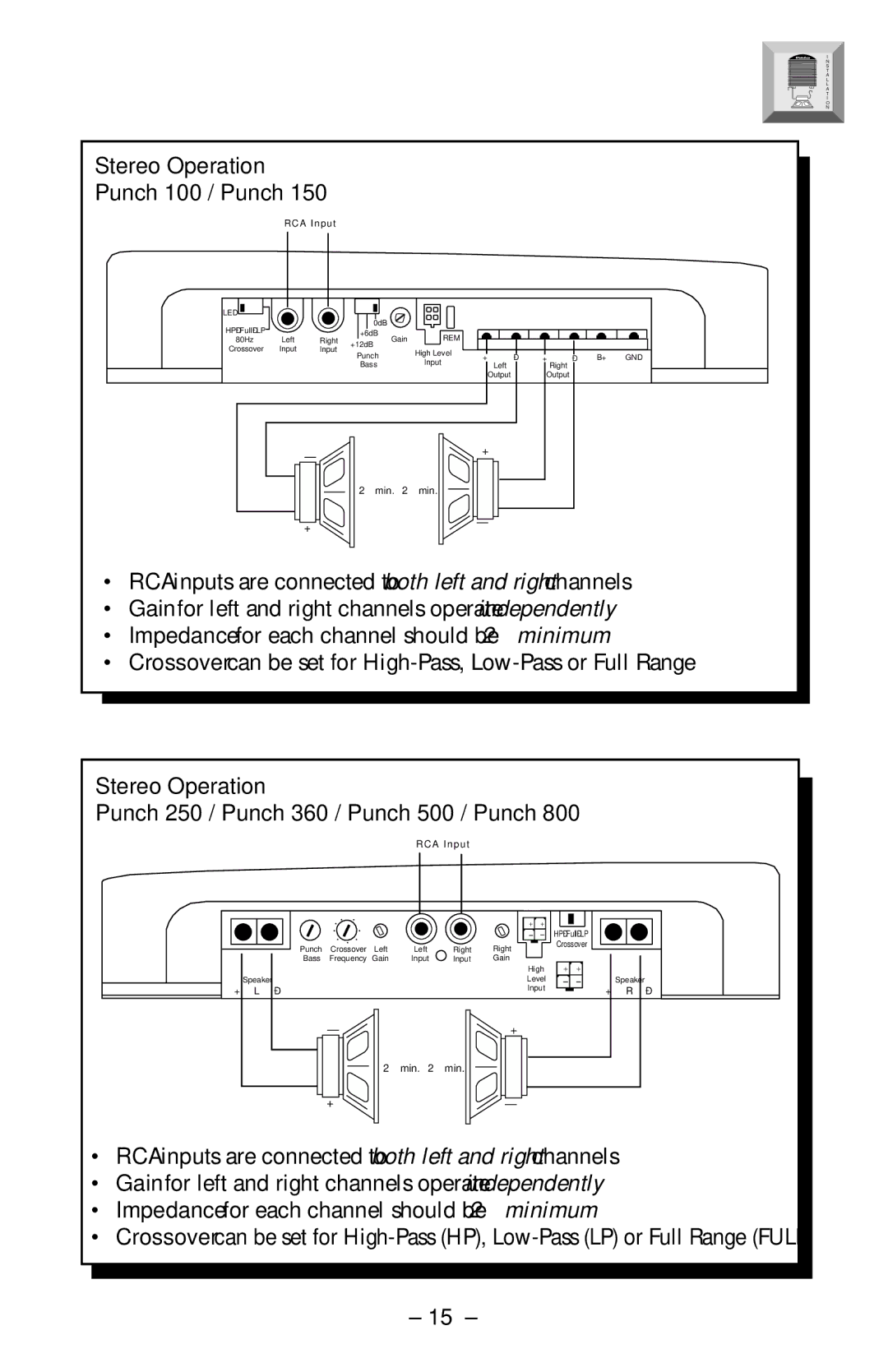 Rockford Fosgate PUNCH800 Stereo Operation Punch 100 / Punch, Stereo Operation Punch 250 / Punch 360 / Punch 500 / Punch 