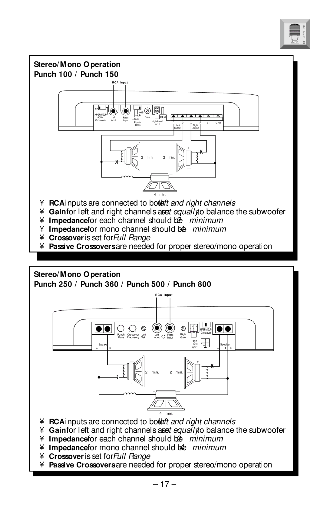 Rockford Fosgate PUNCH100, PUNCH500, PUNCH250, PUNCH800, PUNCH360, PUNCH150 Stereo/Mono Operation Punch 100 / Punch, RCA Input 