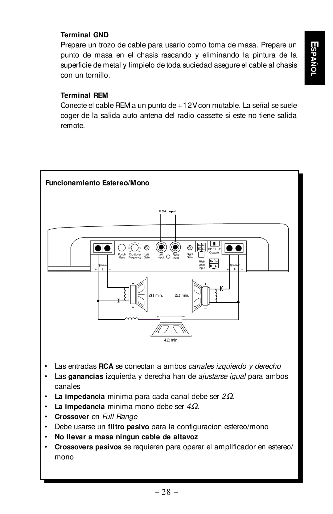 Rockford Fosgate PUNCH360 Terminal GND, Terminal REM, Crossover en Full Range, No llevar a masa ningun cable de altavoz 