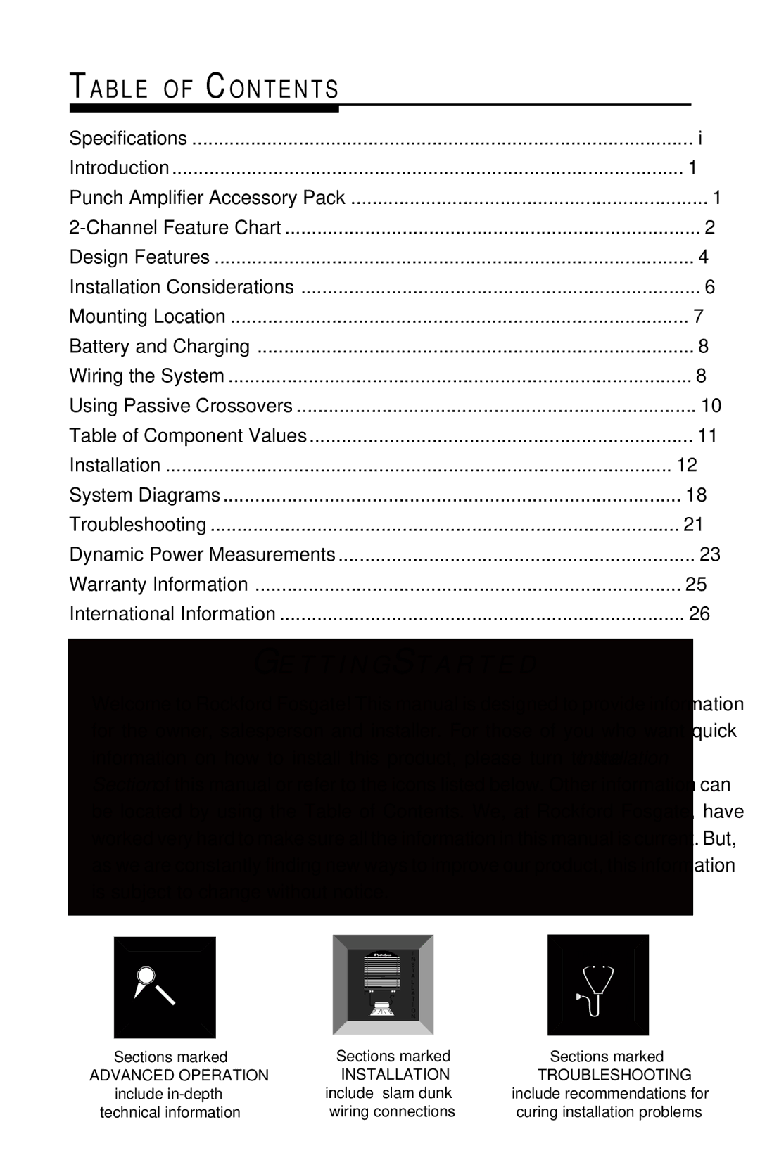 Rockford Fosgate PUNCH150, PUNCH500, PUNCH250, PUNCH800, PUNCH360 manual Ta B L E O F Co N T E N T S, T T I N G S T a R T E D 
