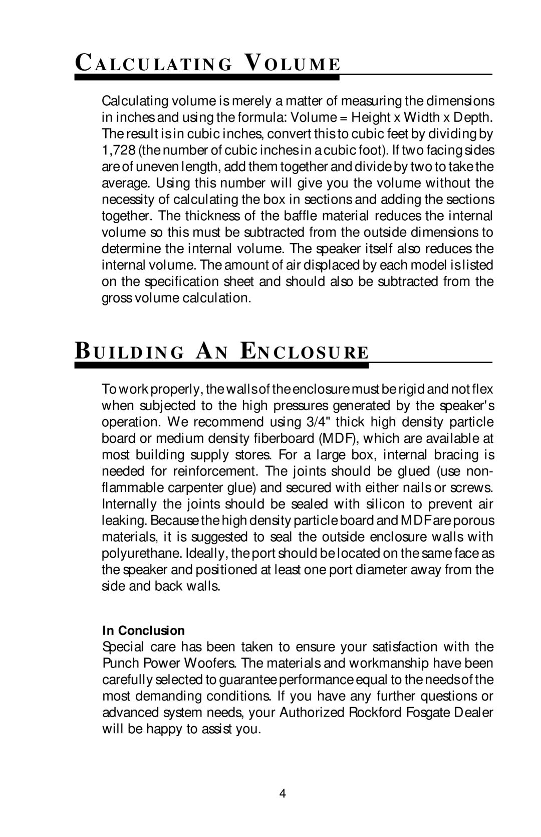 Rockford Fosgate PWR-815, PWR-410, PWR-812, PWR-810 Ca L C U L At I N G Vo L U M E, Bu I L D I N G An En C L O S U R E 