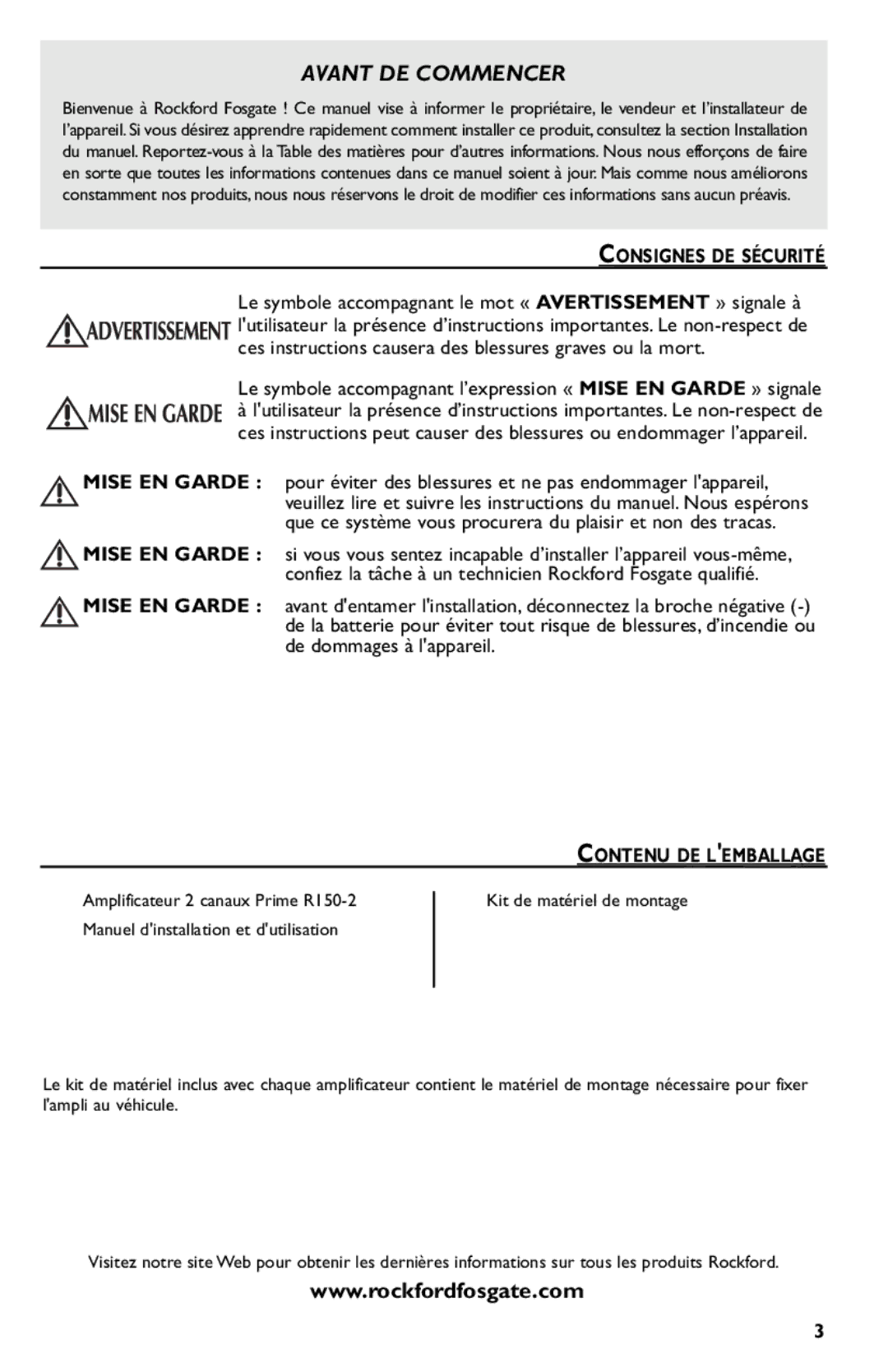 Rockford Fosgate R150-2 manual Consignes DE Sécurité, Contenu DE Lemballage 