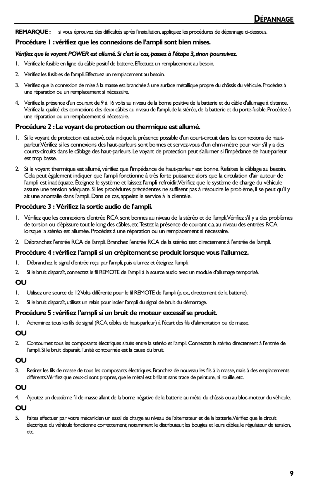 Rockford Fosgate R150-2 manual Dépannage, Procédure 2 Le voyant de protection ou thermique est allumé 