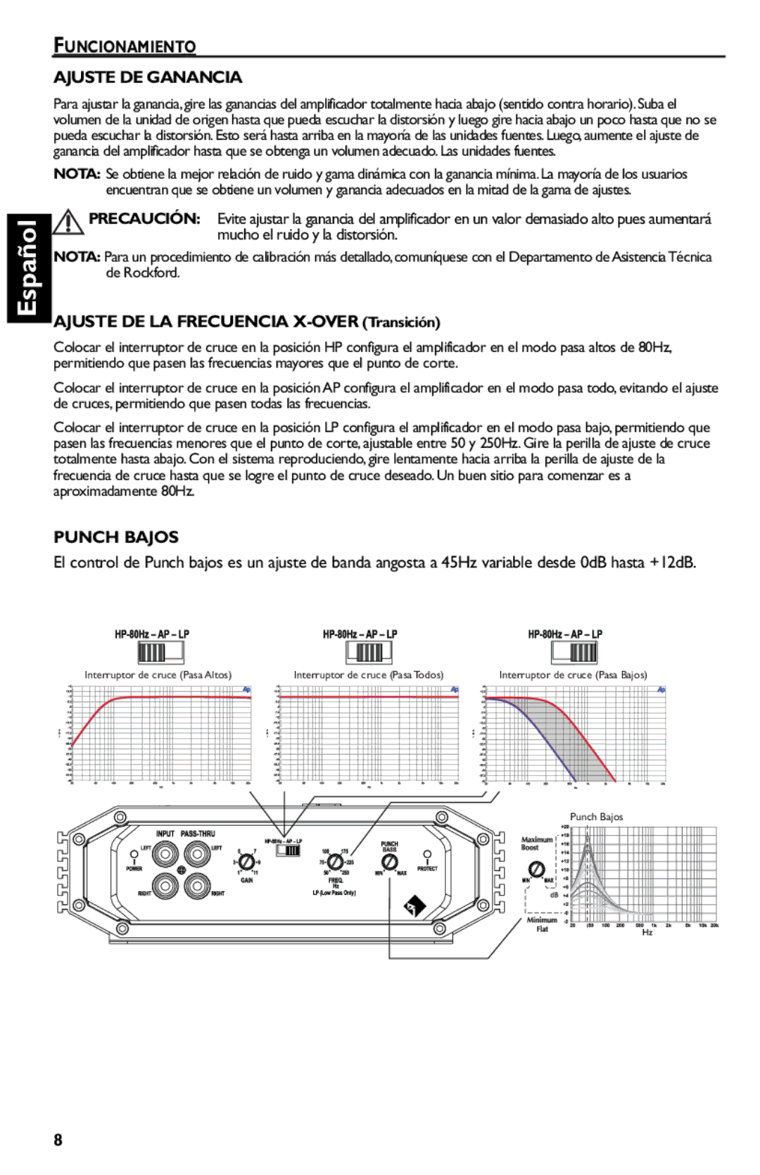 Rockford Fosgate R150-2 manual Funcionamiento Ajuste DE Ganancia, Punch Bajos 