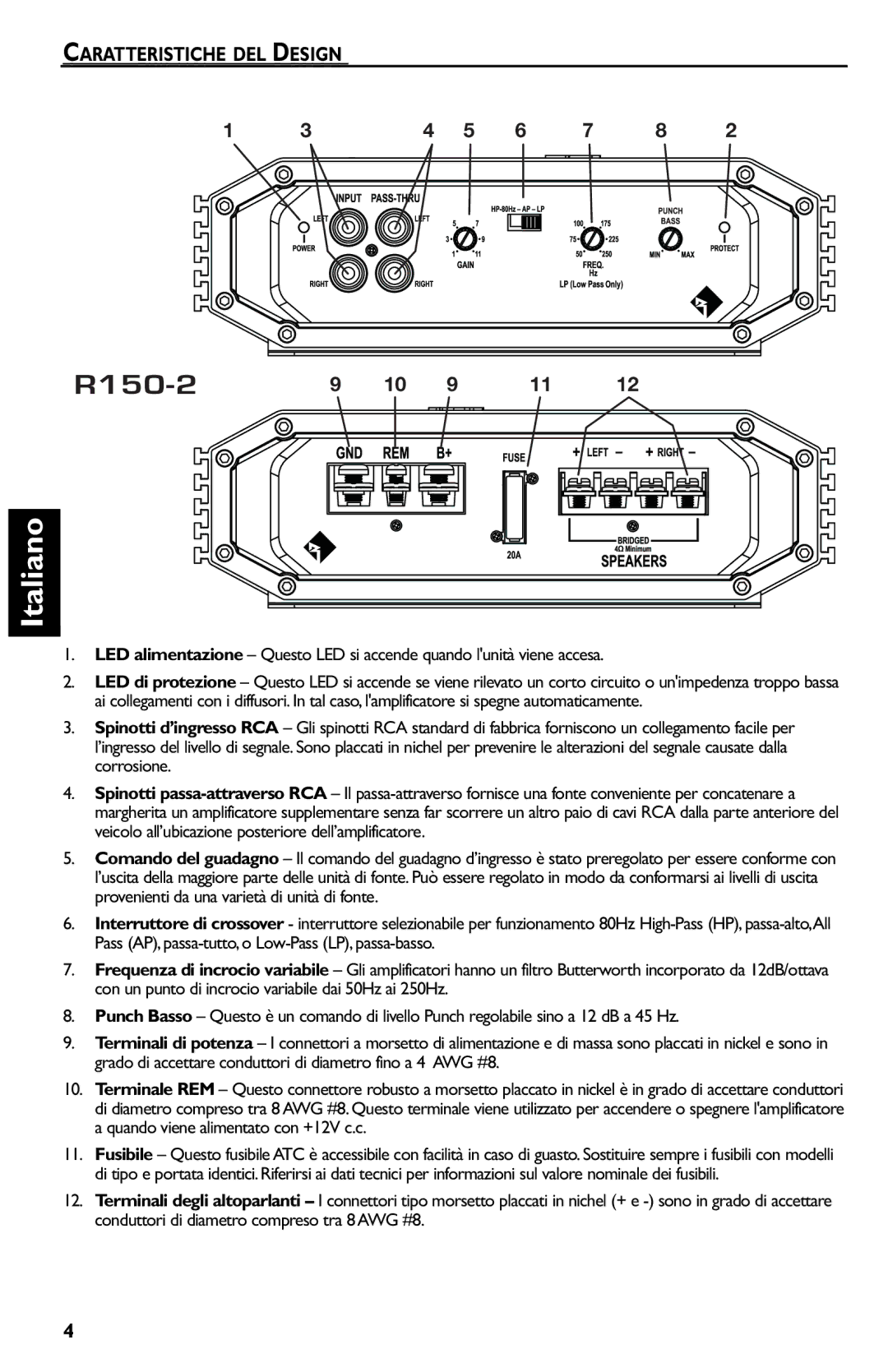 Rockford Fosgate R150-2 manual Caratteristiche DEL Design 