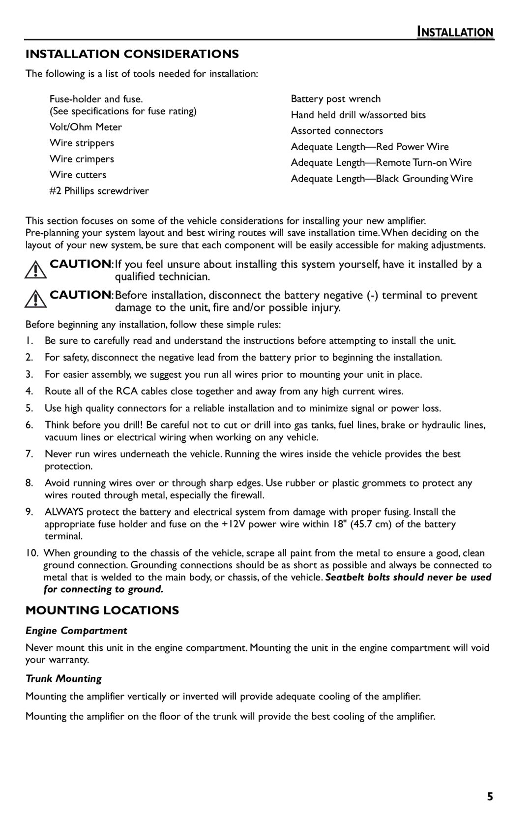 Rockford Fosgate R150-2 Installation Installation Considerations, Mounting Locations, Engine Compartment, Trunk Mounting 