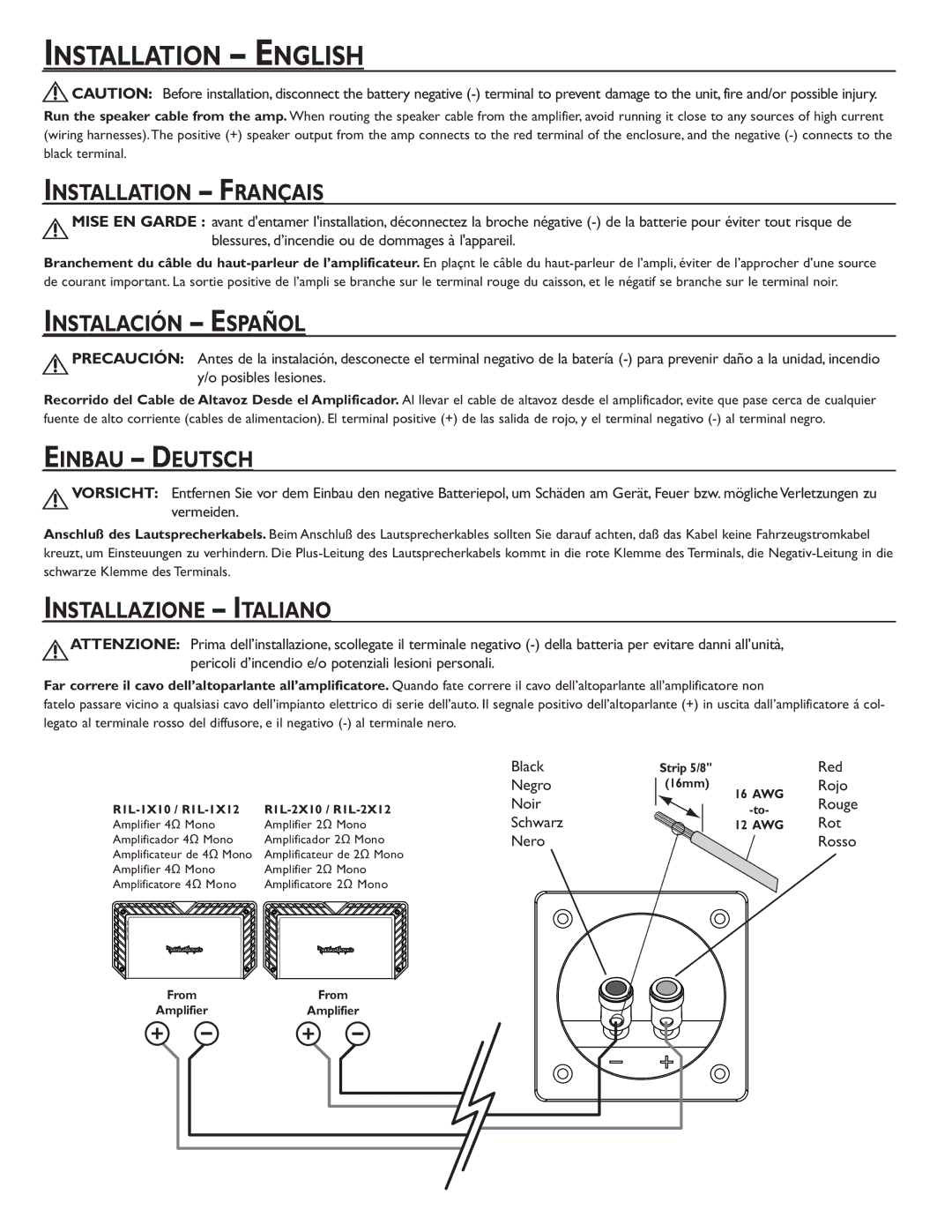 Rockford Fosgate R1L-1X10, R1L-2X12, R1L-2X10, R1L-1X12 manual Installation English, Installation Français 