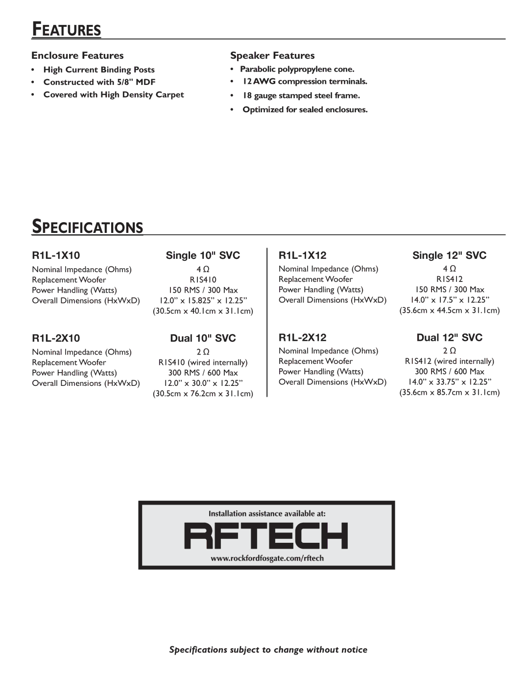 Rockford Fosgate R1L-1X12, R1L-2X12, R1L-2X10, R1L-1X10 manual Features, Specifications 