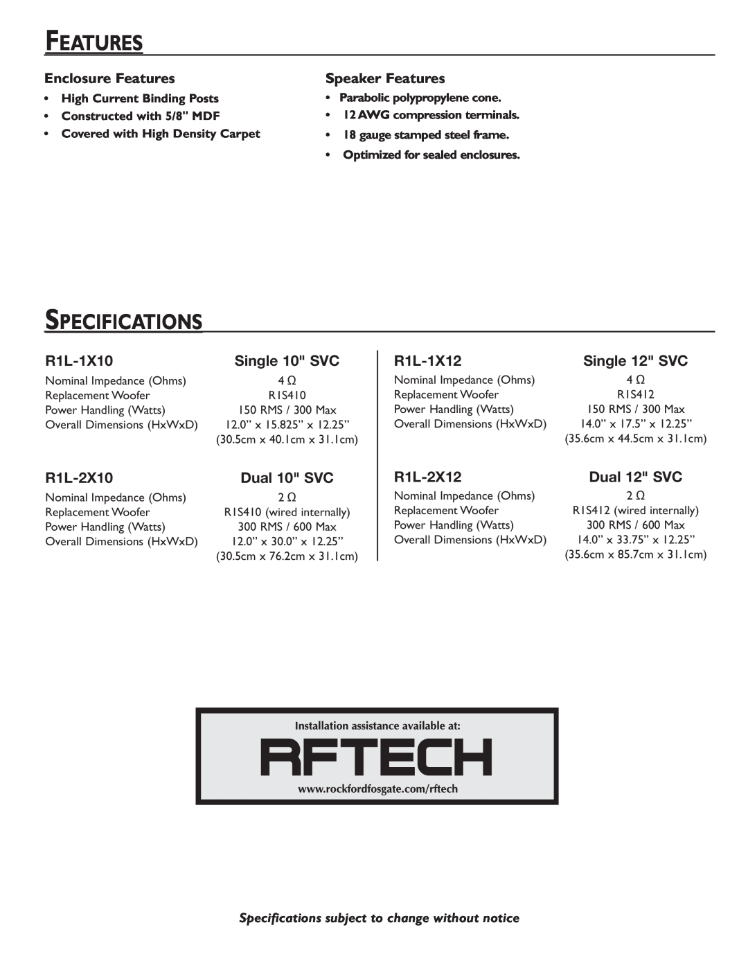 Rockford Fosgate R1L-1X12 manual Specifications, Enclosure Features, Speaker Features, R1L-1X10, R1L-2X10, R1L-2X12 