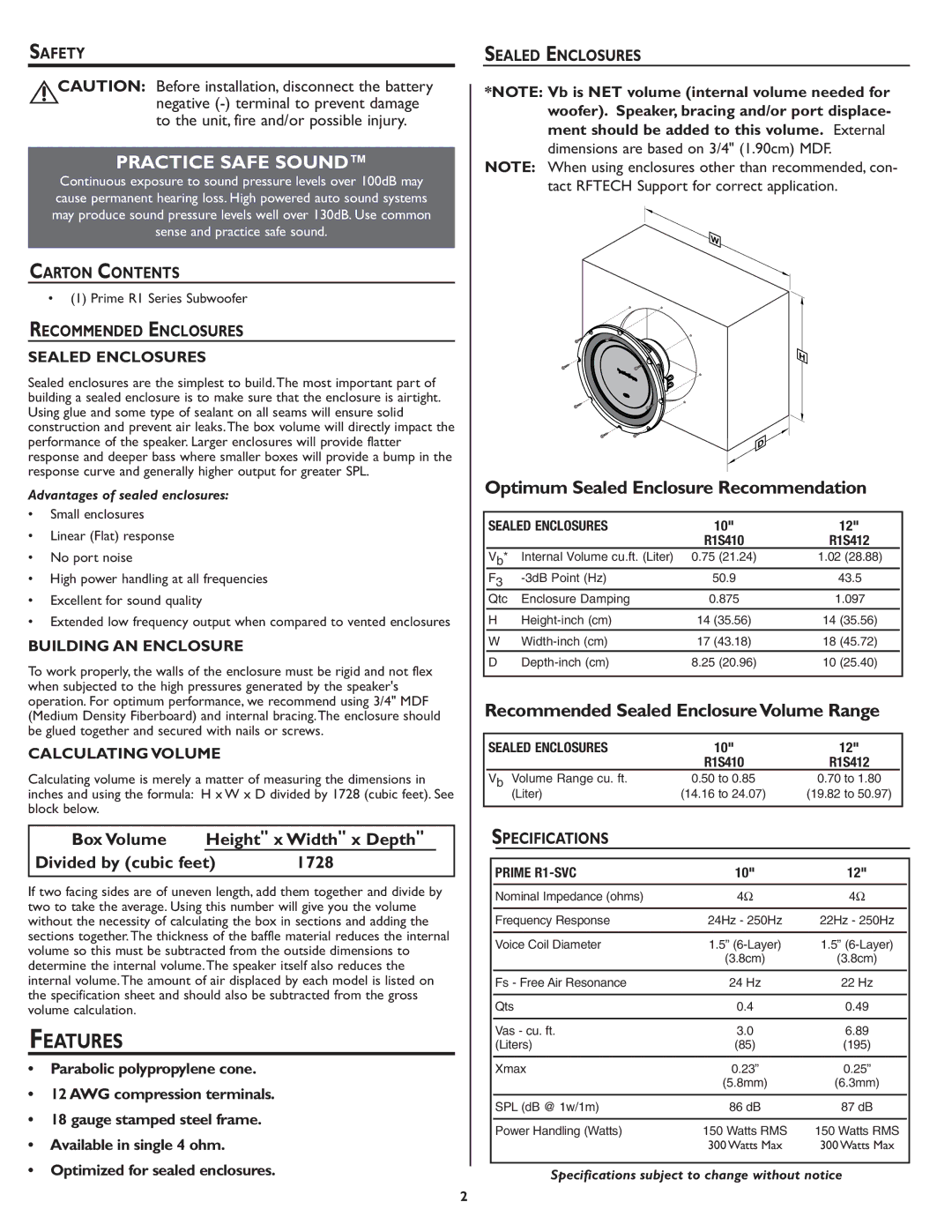 Rockford Fosgate R1S412, R1S410 warranty Safety, Carton Contents, Recommended Enclosures, Sealed Enclosures, Specifications 