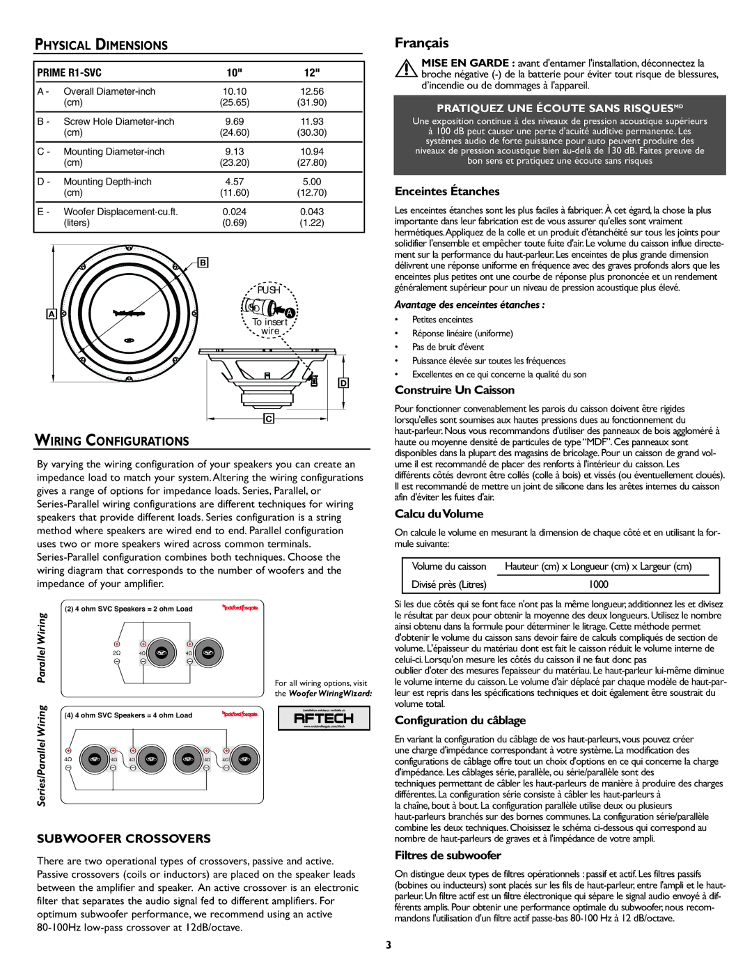 Rockford Fosgate R1S410, R1S412 warranty Physical Dimensions, Wiring Configurations 