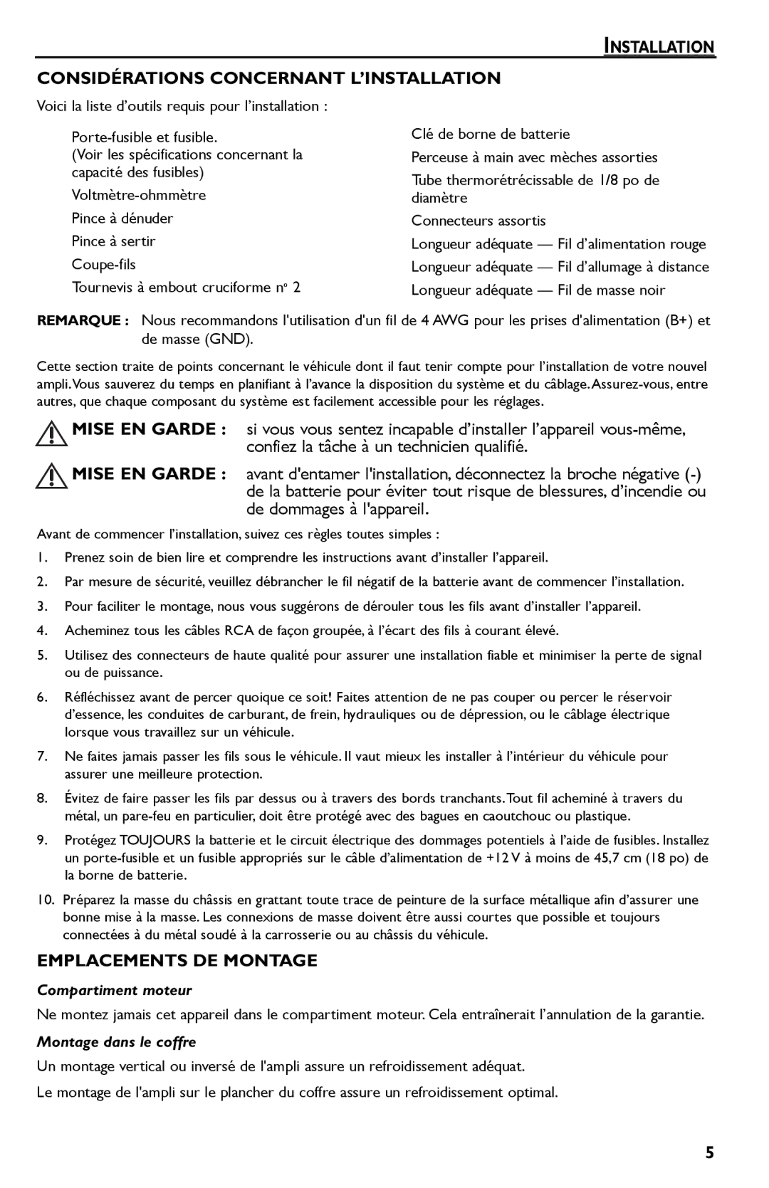 Rockford Fosgate R300-4 manual Installation Considérations Concernant L’INSTALLATION, Emplacements DE Montage 