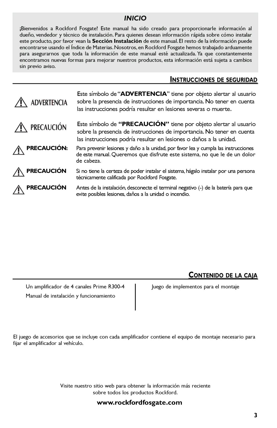 Rockford Fosgate R300-4 manual Instrucciones DE Seguridad, Contenido DE LA Caja 