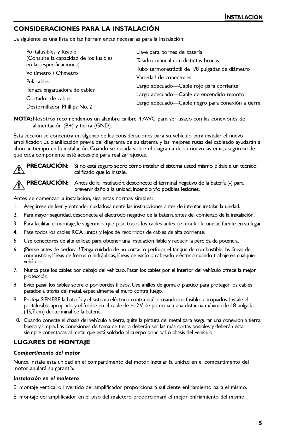 Rockford Fosgate R300-4 manual Instalación Consideraciones Para LA Instalación, Lugares DE Montaje, Compartimento del motor 