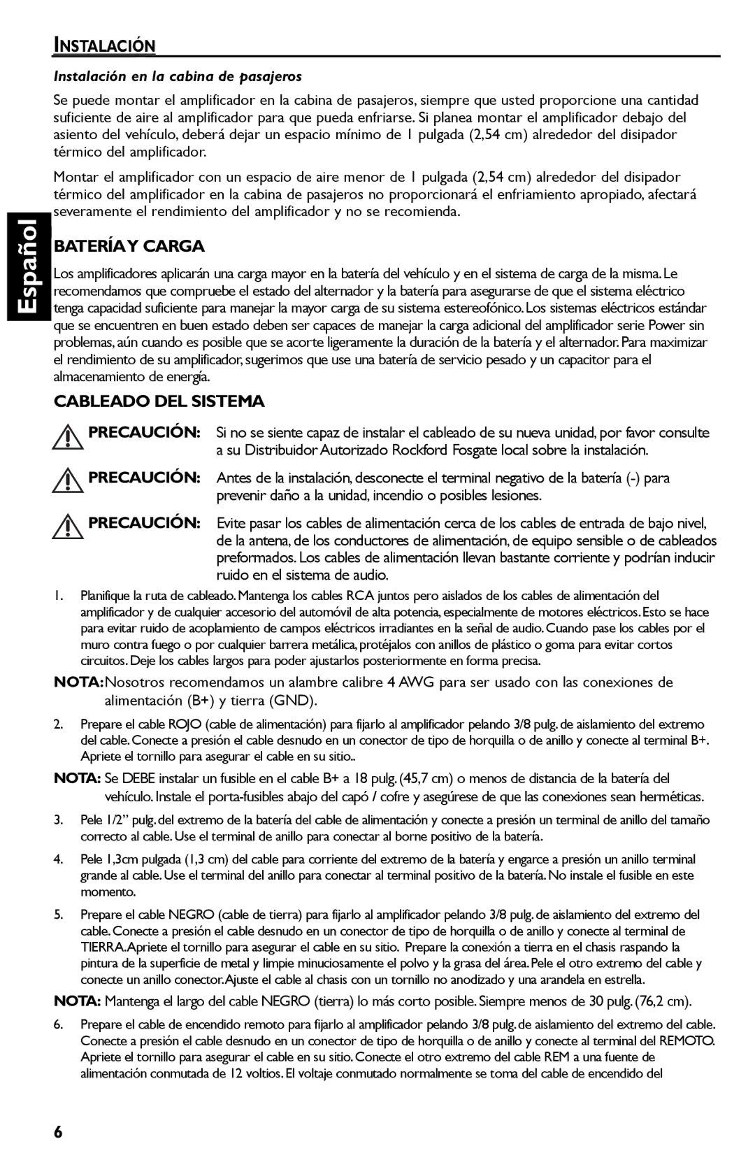 Rockford Fosgate R300-4 manual Bateríay Carga, Cableado DEL Sistema, Instalación en la cabina de pasajeros 