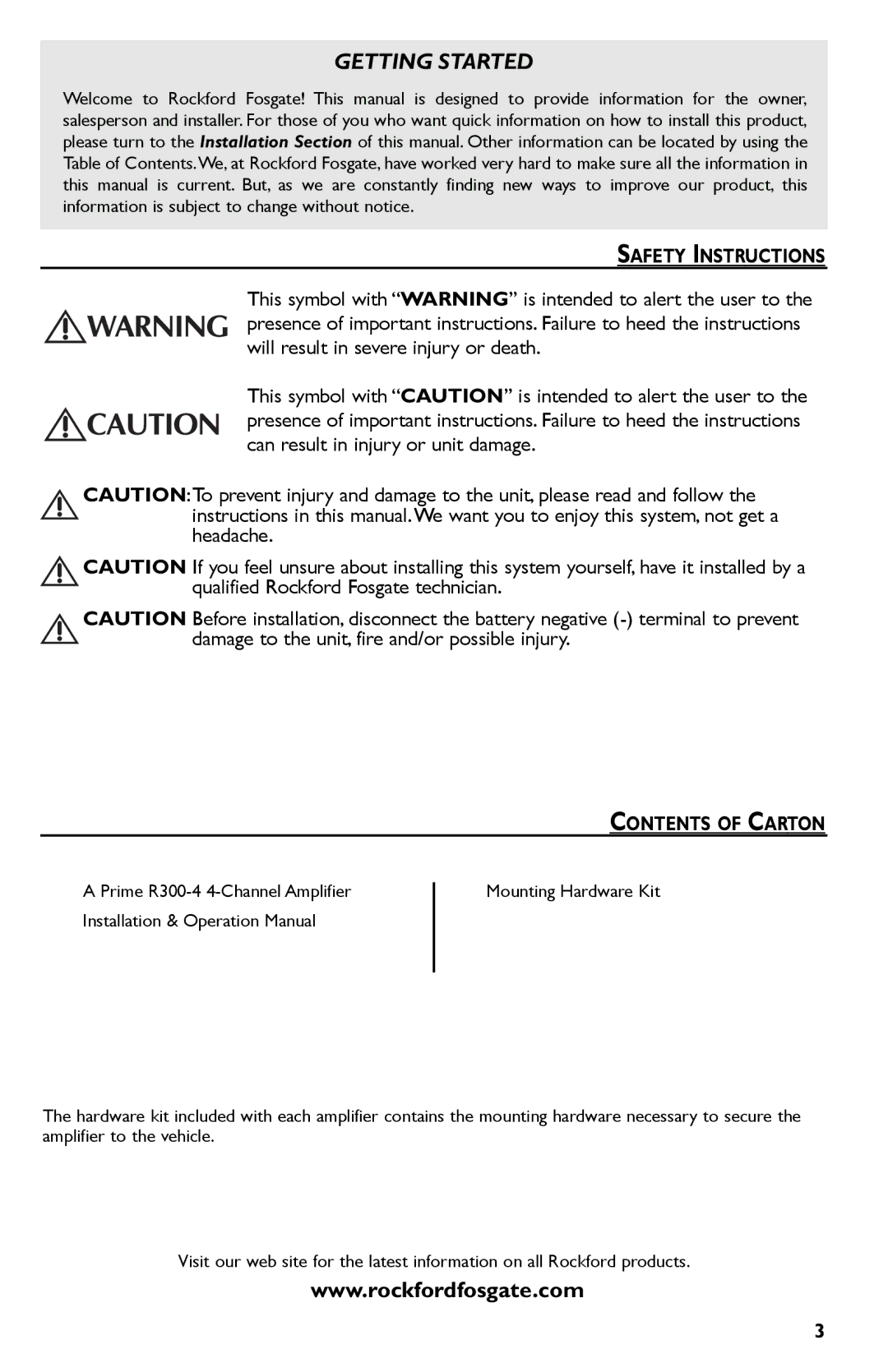 Rockford Fosgate R300-4 manual Safety Instructions, Contents of Carton 